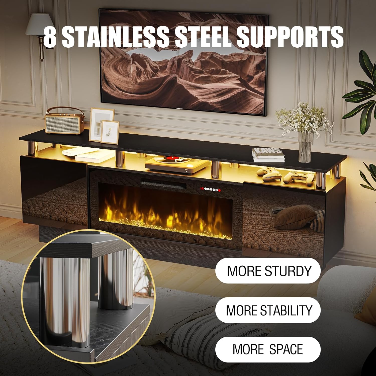 70" Modern Fireplace TV Stand with 36" Electric Fireplace for TVs Up to 80 inch, Luxury LED Light Entertainment Center with High Gloss Cabinet, TV Consoles for Living Room, Black