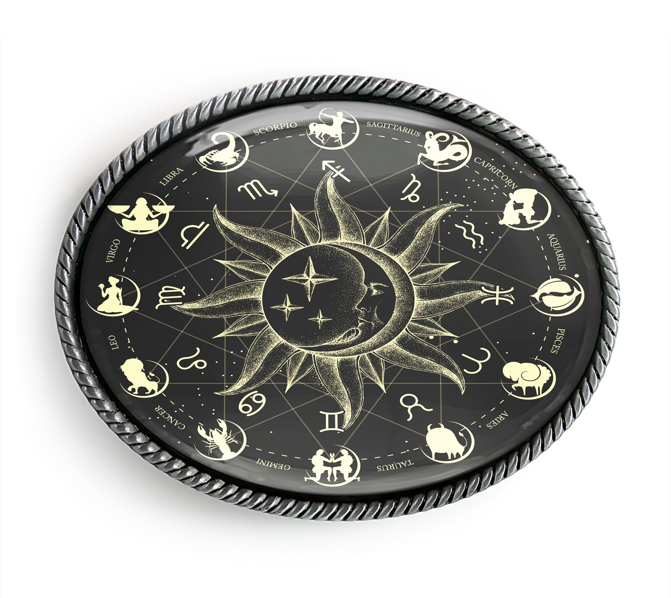 Zodiac Belt Buckle - Celestial Astrology Wheel Handmade Artisan Buckle (Antique Silver)