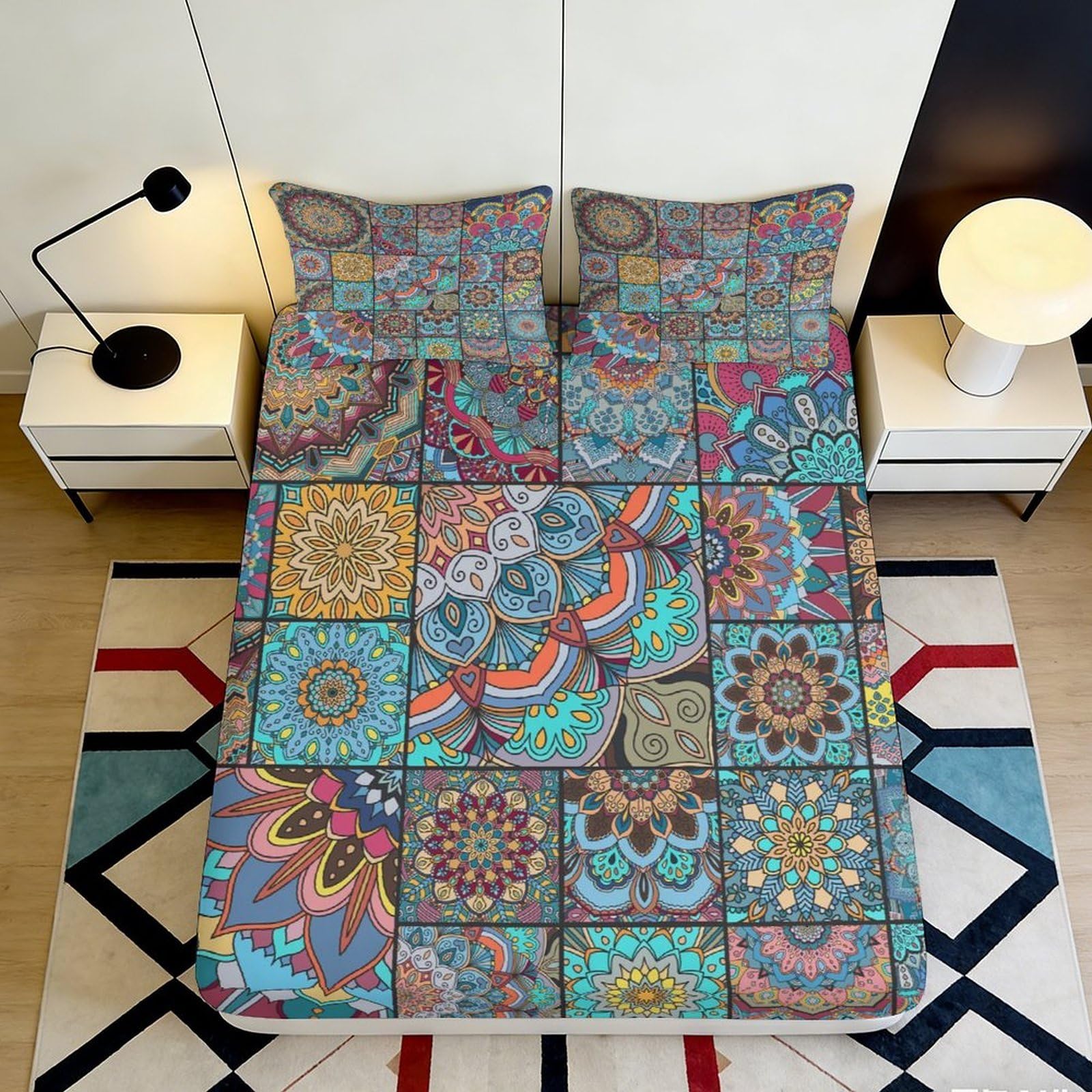 3D Printed Mandala Mosaic Fitted Sheet Microfiber Soft Breathable Floral Patchwork Mattress Cover for Bedroom Guest Room Decor 90x200x25cm