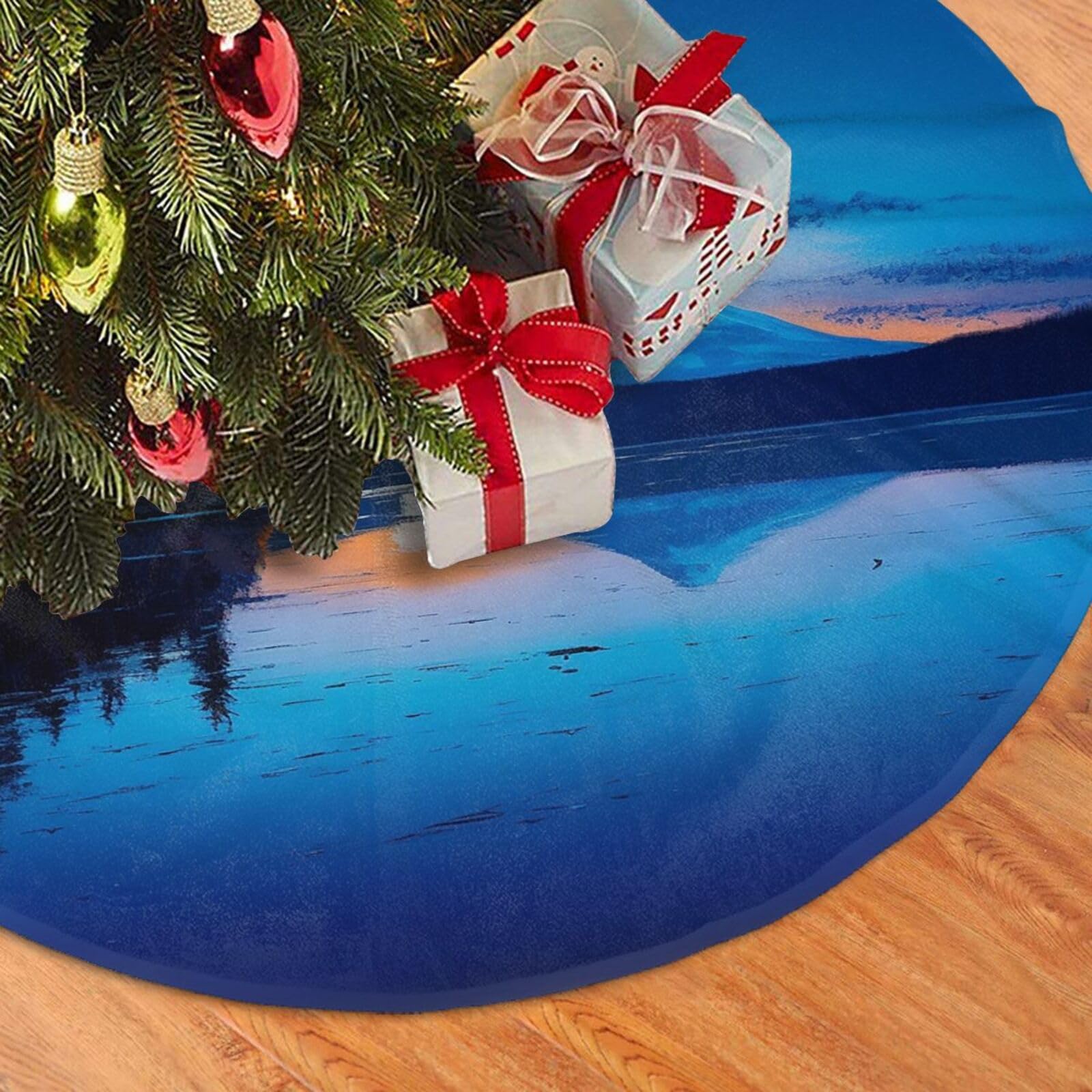 Fodpand Black Blue Sunset Christmas Tree Skirt 30" Velvet Xmas Tree Skirt Mat Rustic Christmas Tree Mat Cover Winter Xmas Tree Collar For Indoor Outdoor Christmas Decorations
