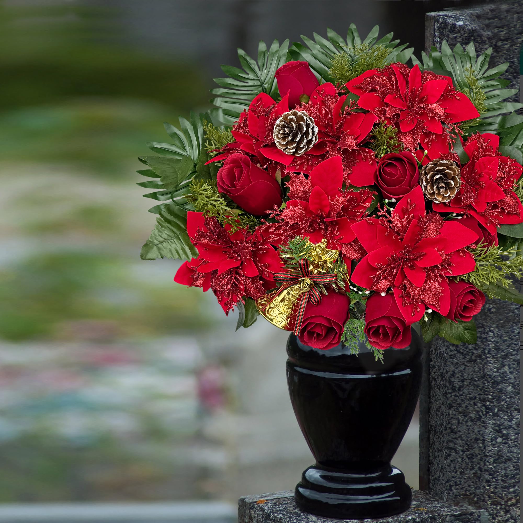 Fleur de tombe artificielle pour cimetière, poinsettia de Noël décorative pour pierre tombale, facile à installer