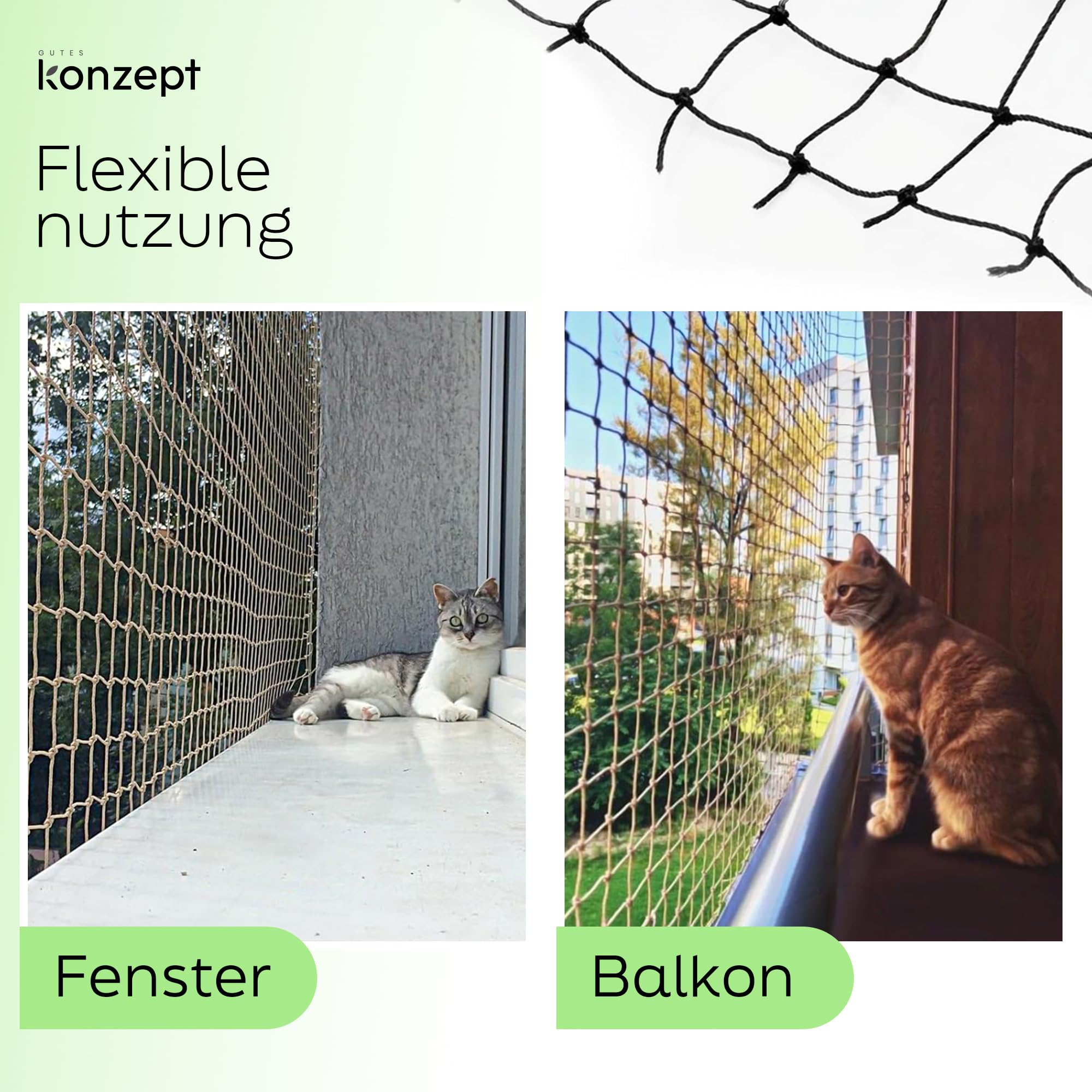 KONZEPT Katzennetz für Balkon 6x3m – Drahtverstärktes Balkonnetz für Katzen mit 3 x 3 cm Maschenweite, Biss- & Kratzfest, wetterbeständig, Schwarz