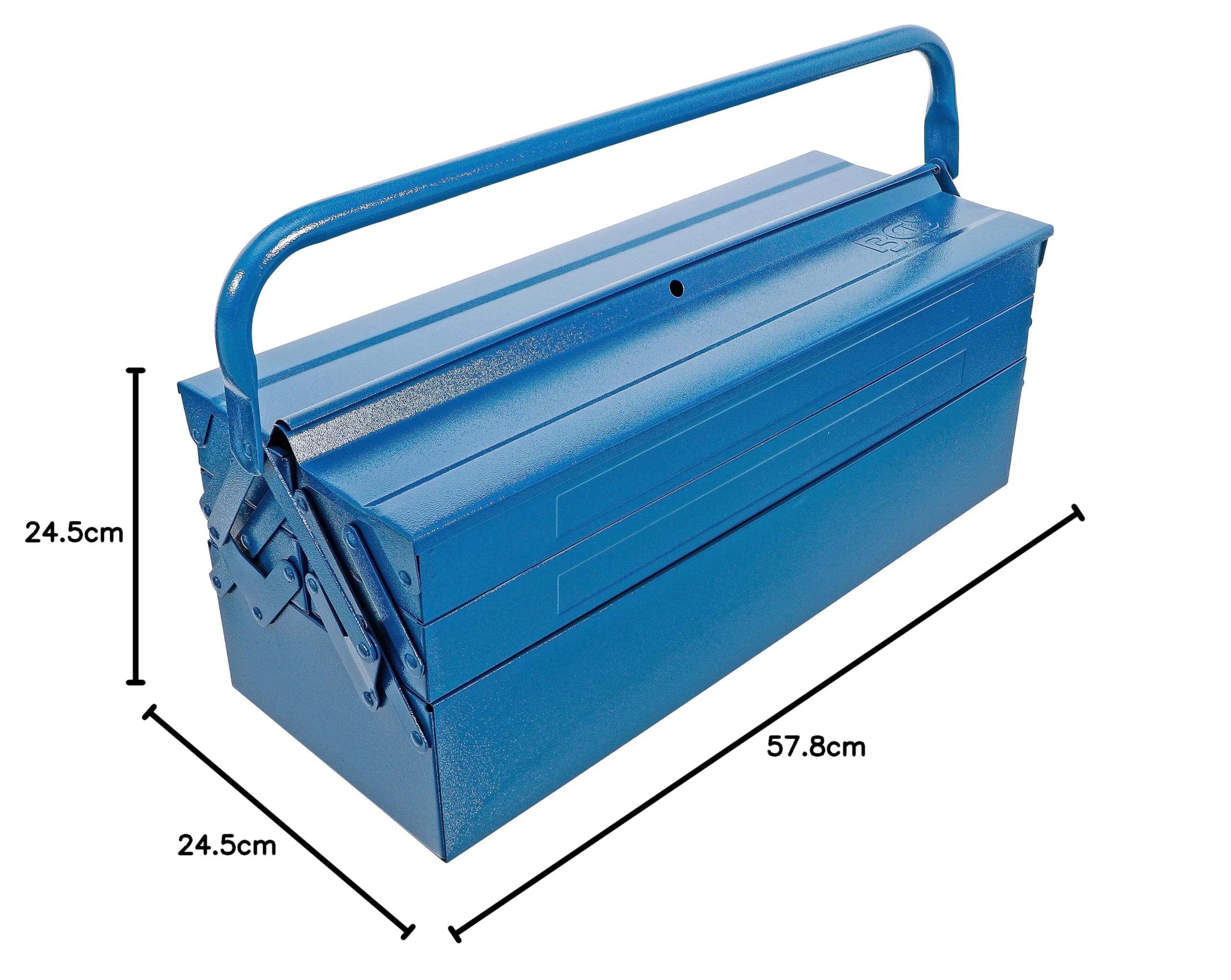 BGS 33002 | Metall-Werkzeugkasten | leer | 530 x 200 x 200 mm | 5 Fächer | Stahlblech | hammerschlagblau lackiert | umlegbarer Tragebügel | automatische Schließfunktion