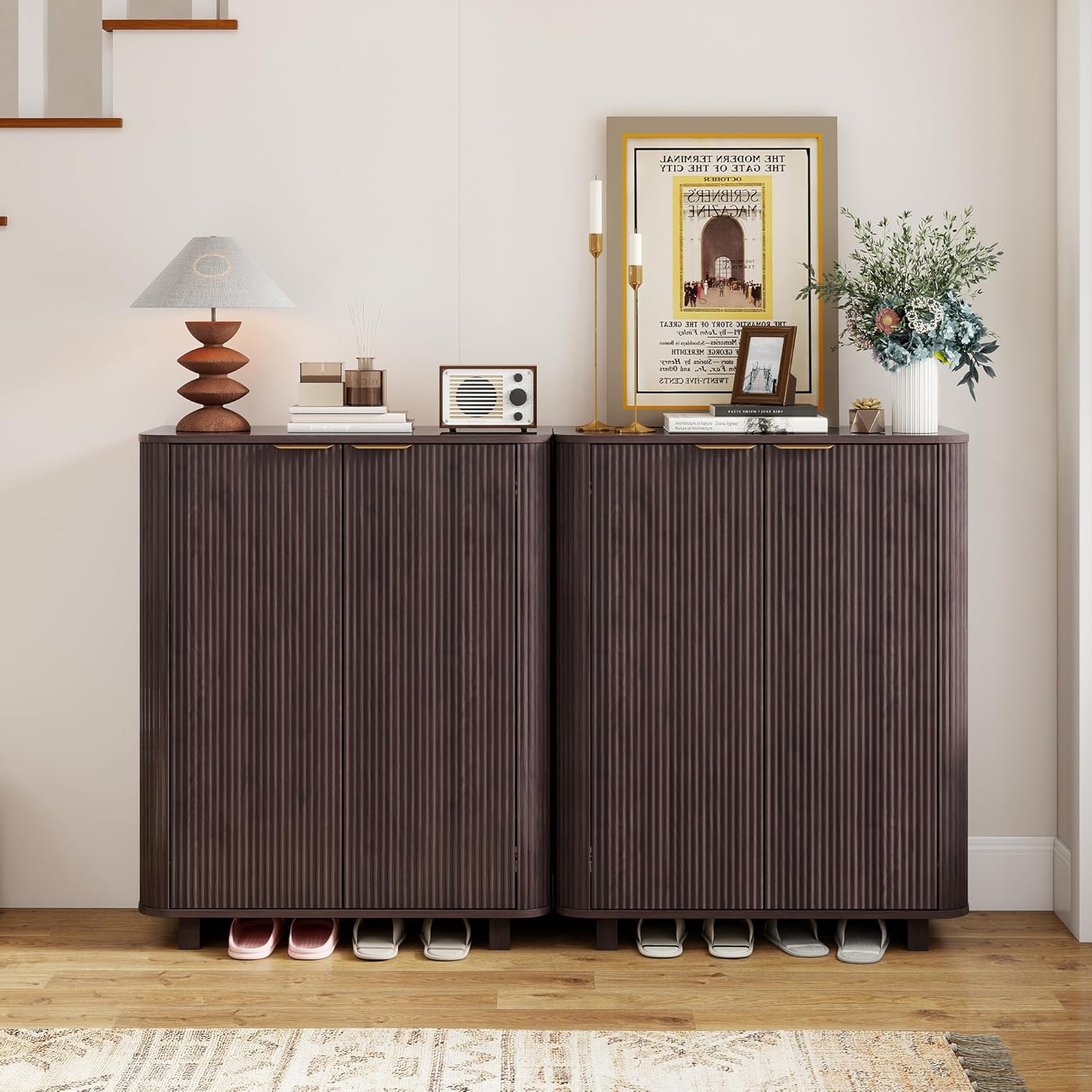 Freestanding Shoe Storage Cabinet with Doors, Modern Fluted Entryway Shoe Rack Organizer, 5 Tier 39.37" Tall MDF Shoe Shelf with 3 Adjustable Shelves for Entrance, Foyer and Hallway - Espresso