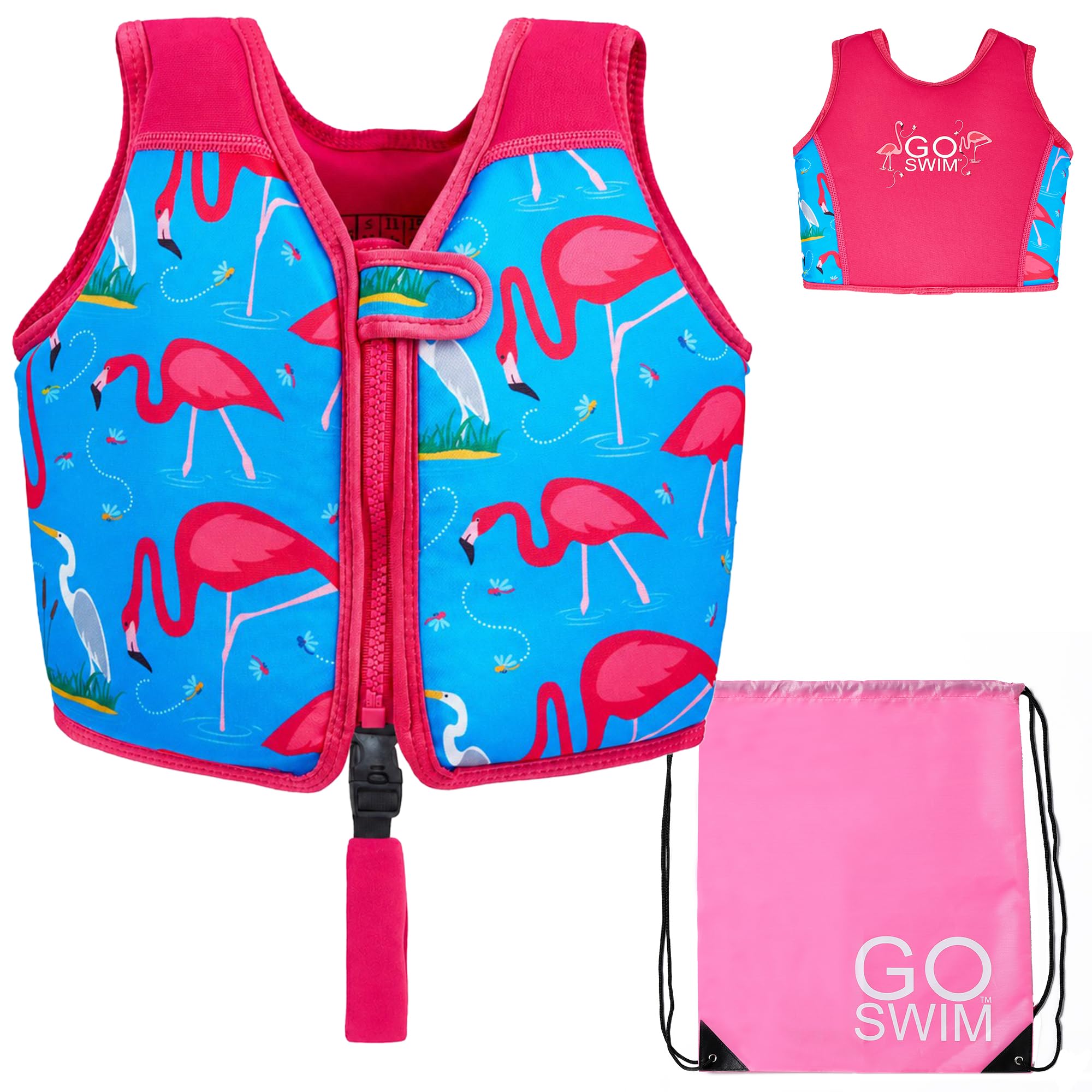 Go Swim Float Vest – Baby, Toddler & Kids Swim Vest for 1-6 Years- Fixed Buoyancy & Safety Strap. *Includes Free Swim bag* (Fab Flamingos, 1-3 Years/11-19kgs)
