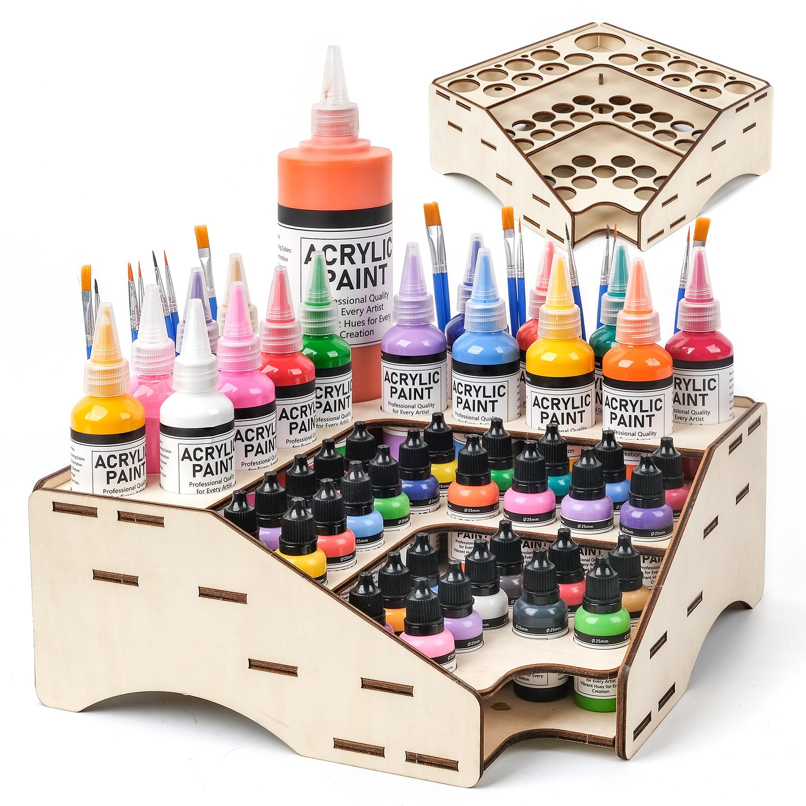 HOLDLEAF Wooden Paint Bottle Organiser for Tabletop Colours & Model Making 90° Corner with 55 Holes (Diameter 65/36/26/9 mm) Colour Organiser with Vallejo, Army Painter, AK (Module A)