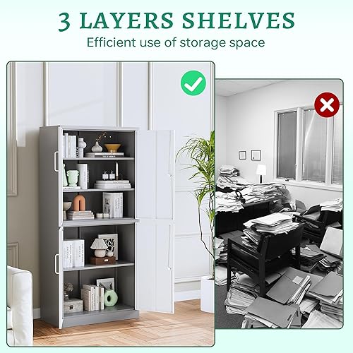 Miniatura 6 de Letaya Armario de almacenamiento de metal con puerta de cerradura, estantes ajustables de acero para oficina, hogar, despensa, cocina, armario de