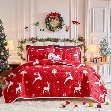 Christmas Quilt Set 3 Pieces King Size, White Deer and Snowflake on Red Xmas Design Reversible Bedspread Coverlet Set, Soft Microfiber Lightweight Bed Cover for All Season 1 Quilt+ 2 Pillow Shams