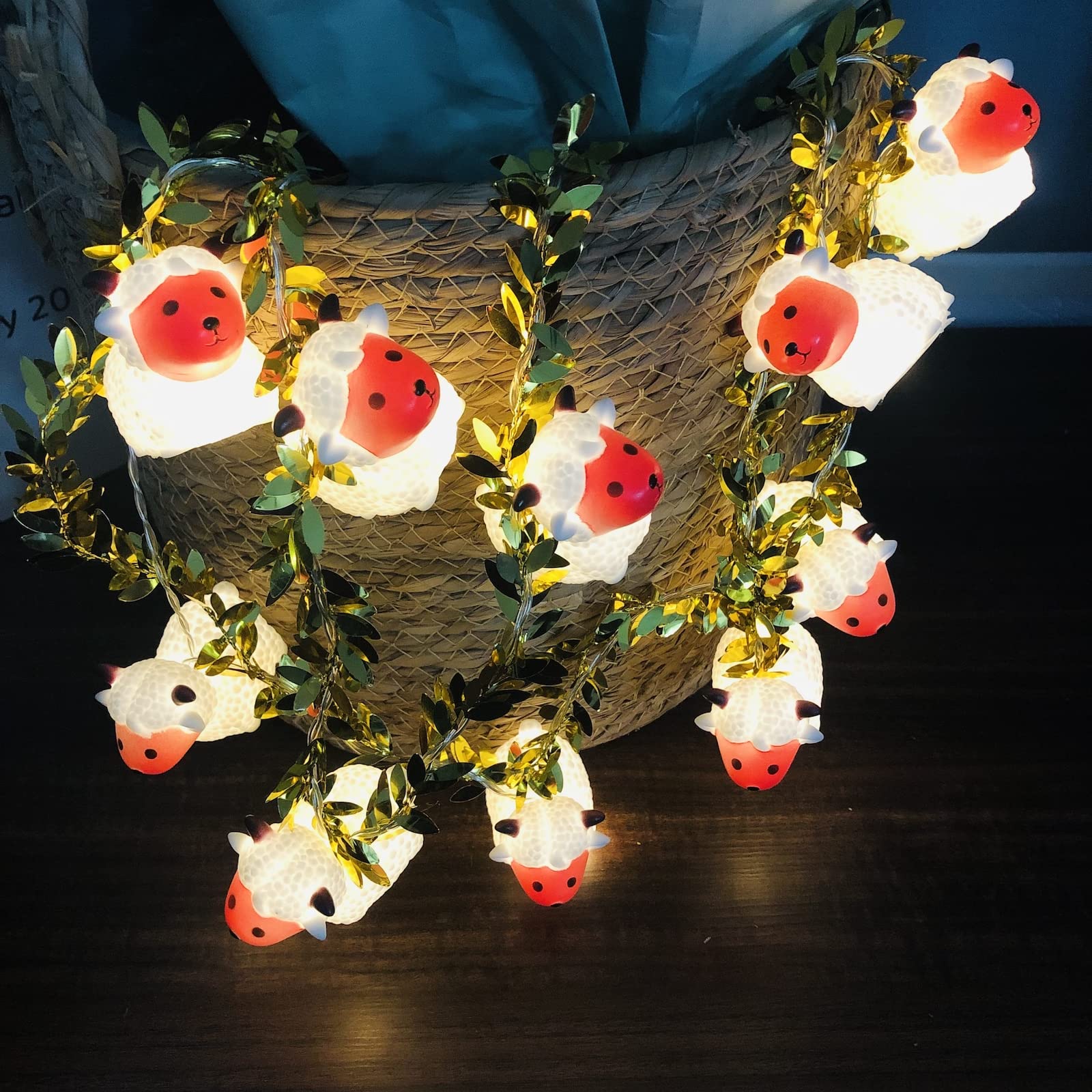 Riaxuebiy 10LED Cute Sheep String Lights Coper Wire Led Sheep Fairy Light Battery Operated for Kid's Bedroom Party Holiday Christmas Decorative (1.65m/10led, Sheep+Gold Vine) โ image 1