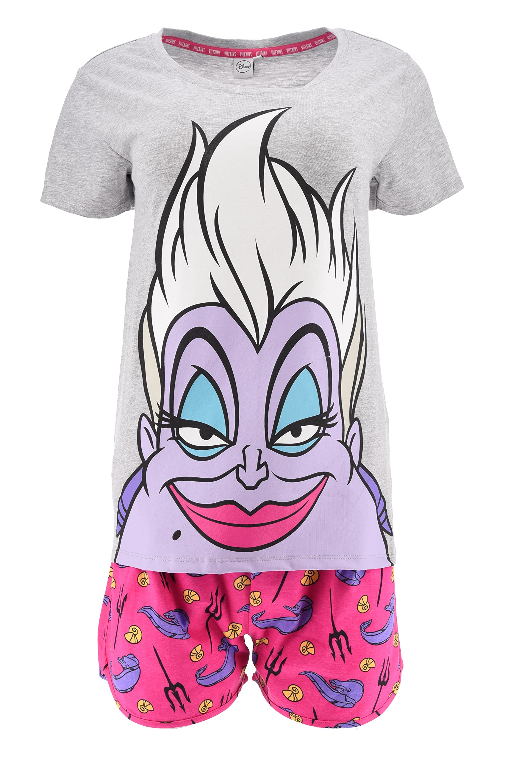 Disney Villanos Camiseta y Pantalón Corto para Mujer, Pijama Algodón Suave, Conjunto 2 Piezas Diseño Ursula La Sirenita, Regalo para Mujer y Adolescentes | Talla L - Rosa