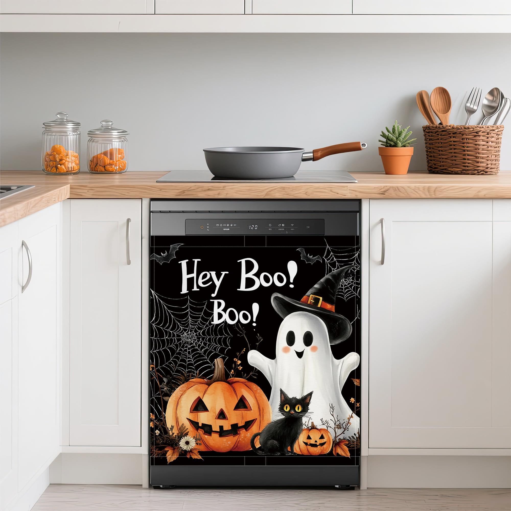 Cute Ghost Dishwasher Covers for the Front Magnetic,Halloween Pumpkin Cat Refrigerator Magnets Decoration,Reusable Dishwasher Cover Panel for Home Kitchen Decor 23x26 Inch