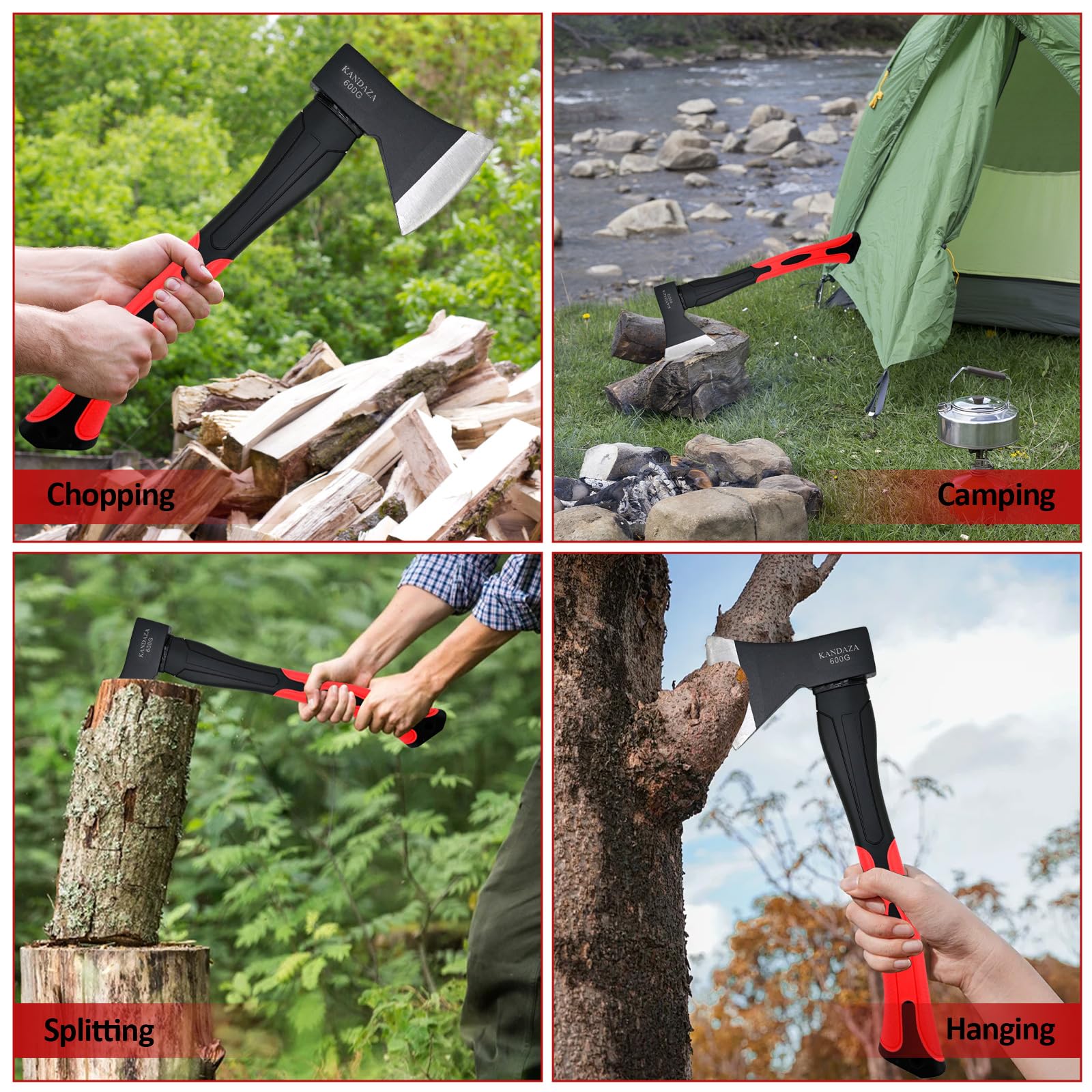Petite hache en bois de 38,1 cm pour camping, randonnée, lame en acier au carbone forgé, poignée en fibre de verre absorbant les chocs, rouge