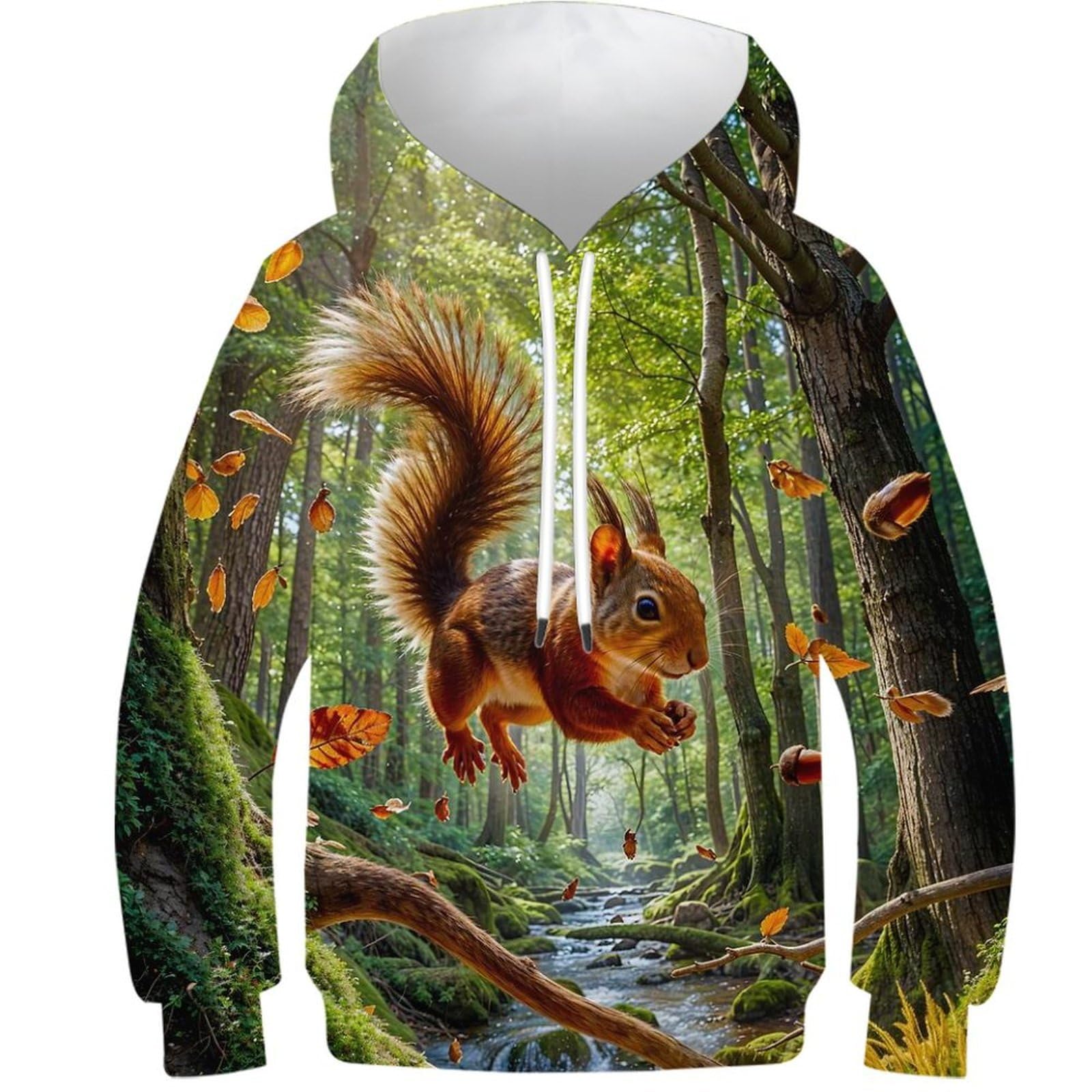 Poliuaws Unisex Kids Squirrel Leaping In Forest Boys Girls Hoodies 3D Long Sleeve Hoody Funny Pullover Sweatshirts Long Sleeve Hooded Jumpers 8-10Y