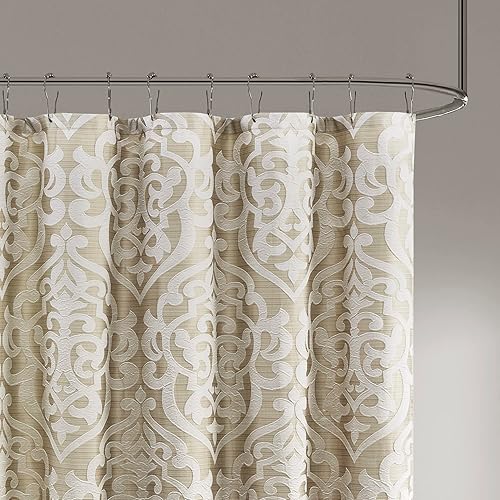 Miniatura 8 de Madison Park Odette Cortina de ducha de tela jacquard texturizado de lujo, medallón de damasco, lavable a máquina, moderna decoración de baño para
