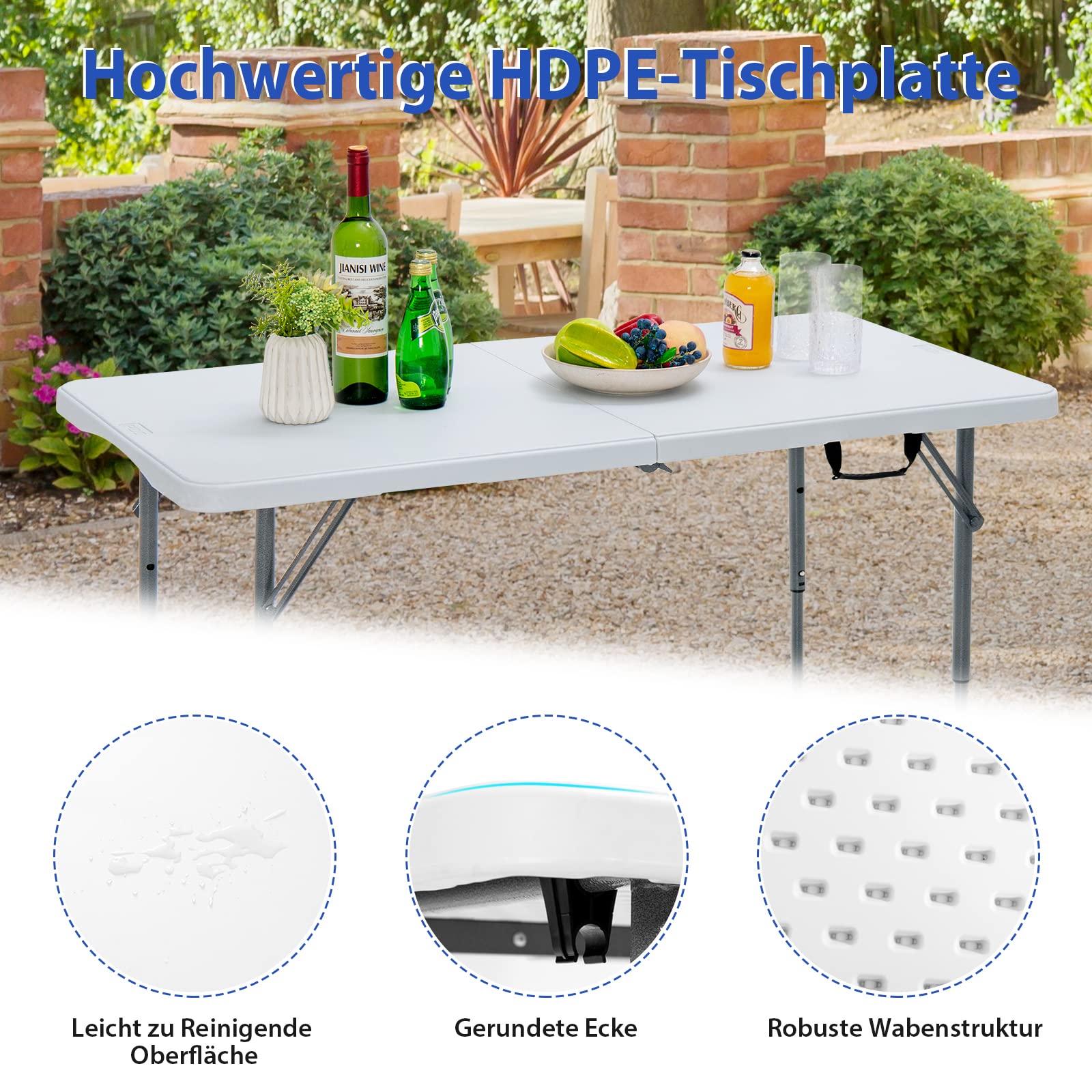 COSTWAY Campingtisch höhenverstellbar, tragbarer Klapptisch, klappbarer Gartentisch mit Tragegriff, für Camping, Hochzeit, Party, 120 x 60 x 74,5 cm