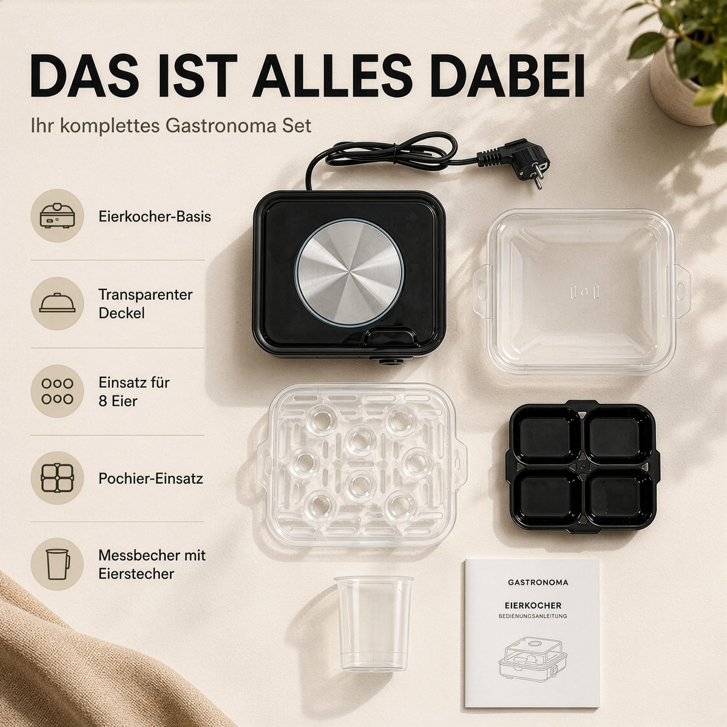 Gastronoma Eierkocher - Eierkocher 8 Eier - Egg Cooker mit Timer - Edelstahl - Silber