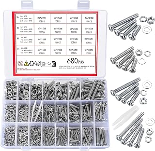 680 Pcs Cross Pan Head Screws Botls and Nuts and Washers Assortment Set, Stainless Steel Round Head Machine Screws Nuts and Bolts and Flat & Lock Washers Set for Home Office Industrial