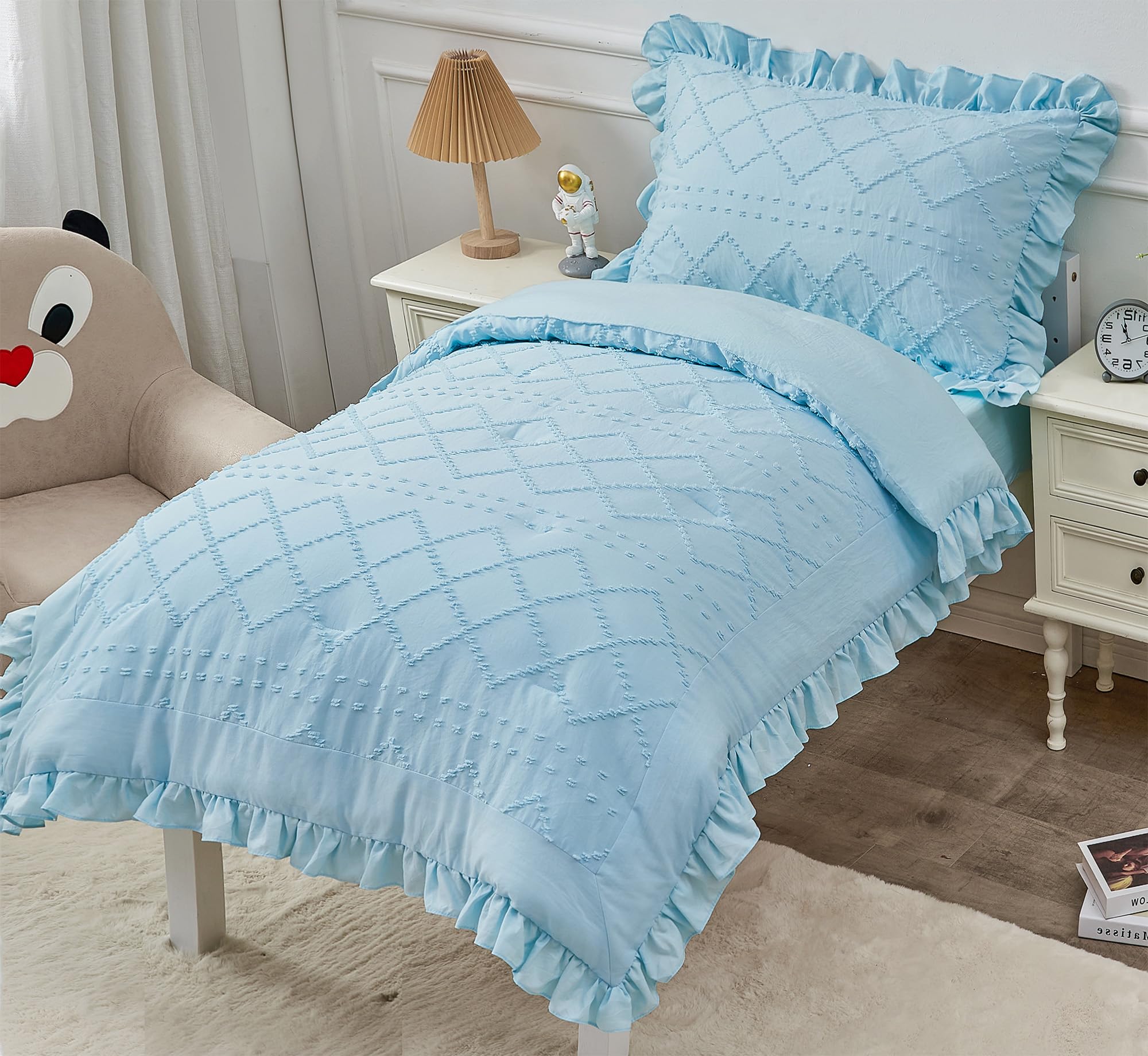 Juego de ropa de cama bohemio de 4 piezas para niñas, juego de sábanas con volantes azules, juego de sábanas de cuna bordado jacquard suave para bebé, incluye edredón, sábana encimera, sábana bajera,