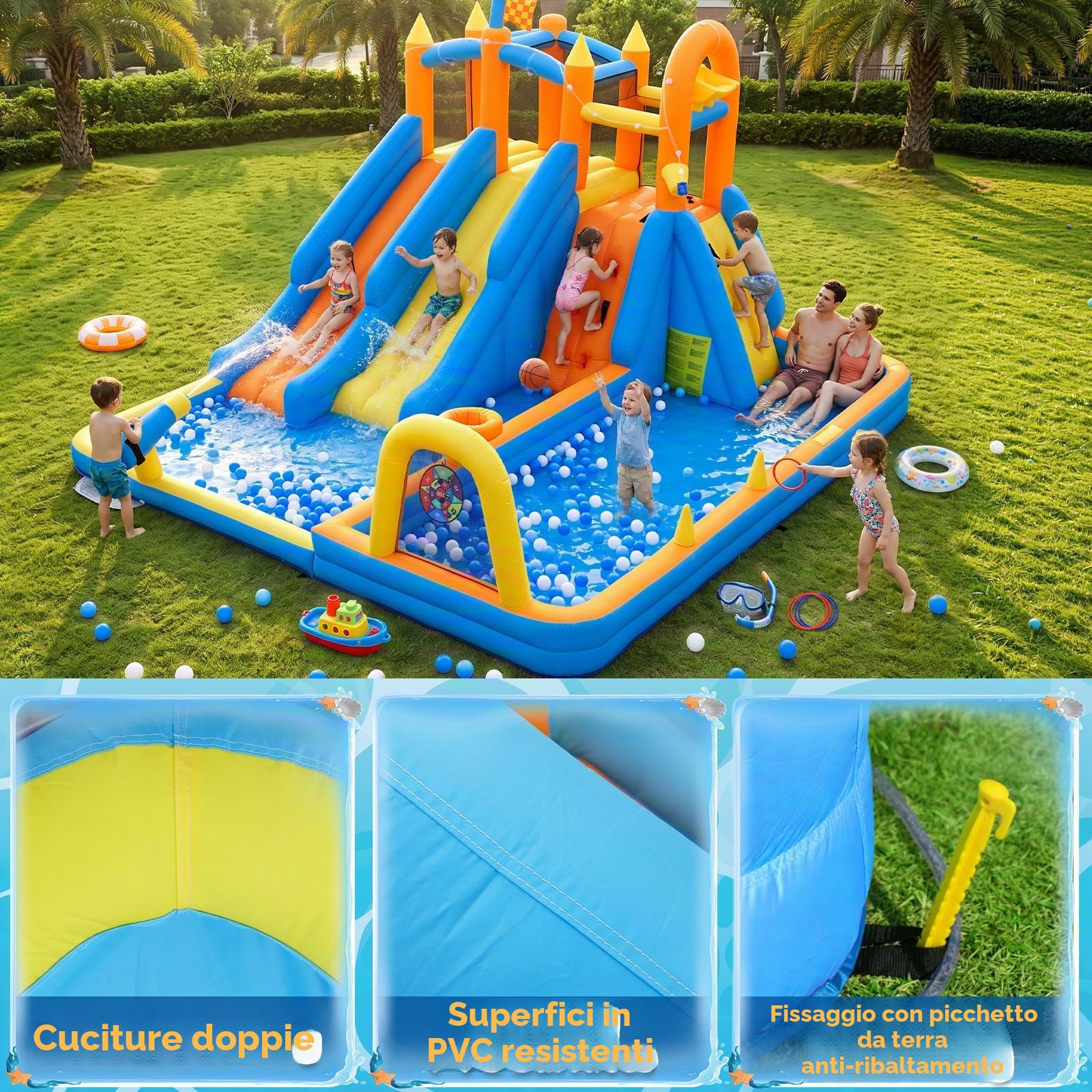 FOOING Castello Gonfiabile con 2 Scivoli Acquatici, Parete Arrampicata, Canestro Basket, Giochi da Giardino per Bambini, Piscina Esterna con Rete di Sicurezza per Feste All'aperto