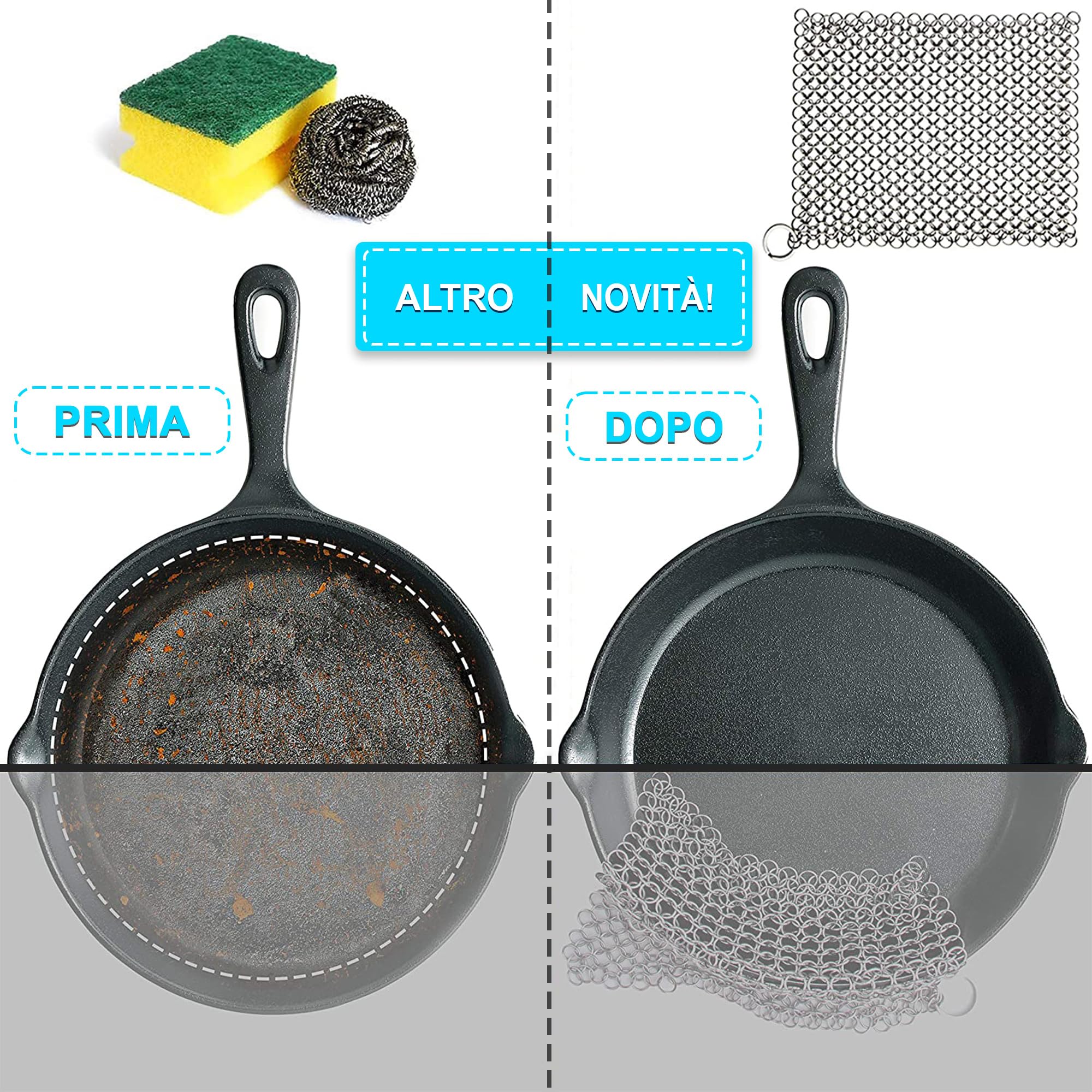 Candure Detergente per Ghisa Scrubber per Cotta di Maglia Acciaio Inox 7 x 7 Pollici, per Tutti i Tipi di Griglie, padelle in ghisa, Griglie e forni Olandesi