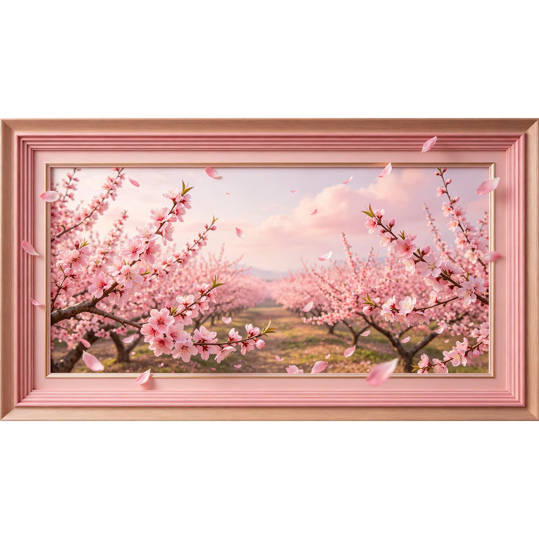 QZLITHOTIC 50×90cm3D Framed Wall Art， Pink Peach Blossom Spring Orchard Landscape SelfAdhesive Mural， WaterActivated Peel & Stick Fabric Decor Wall Decal for Bedroom Living Room