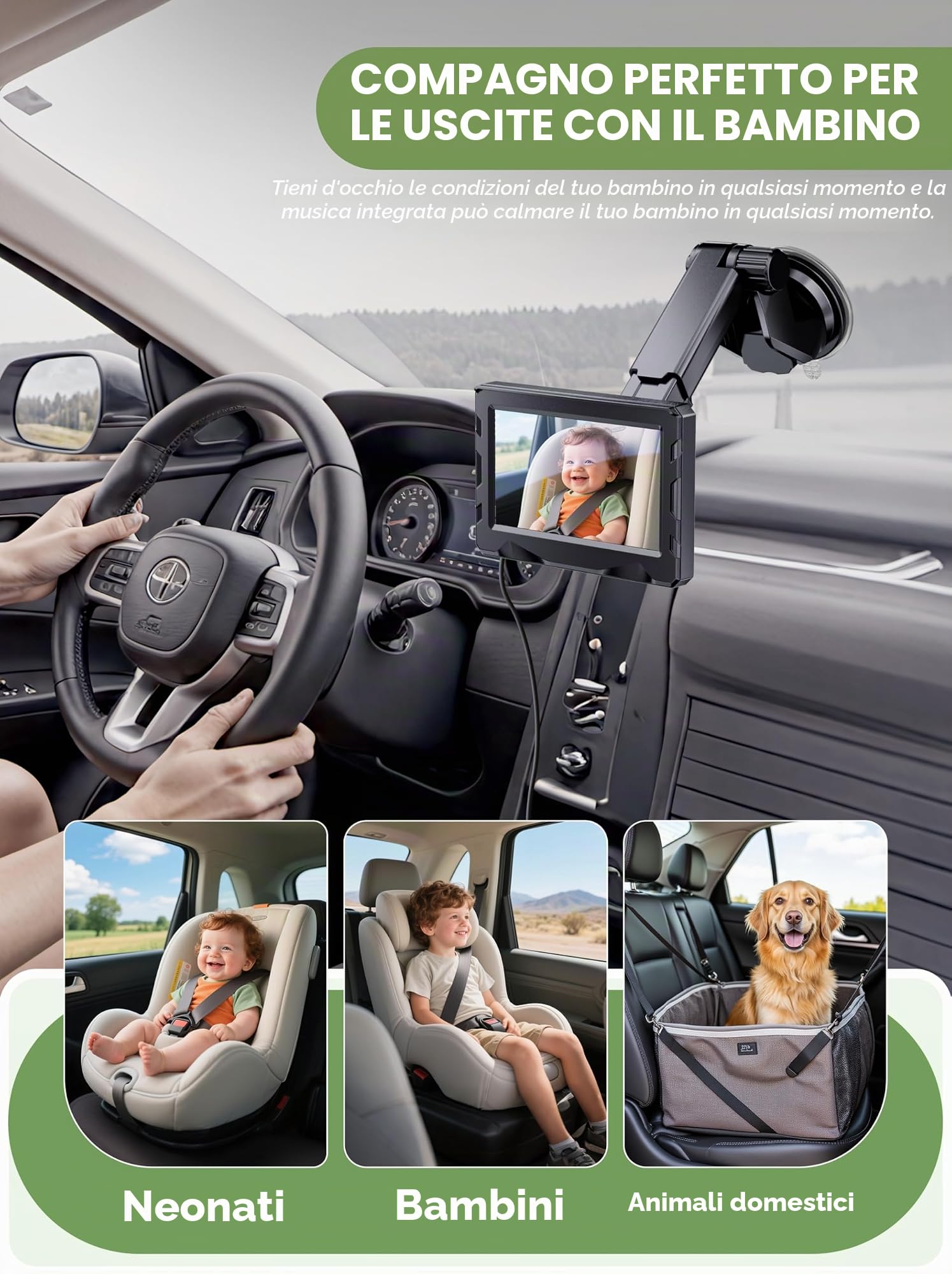 Telecamera wireless per auto per bambini, durata della batteria 40 ore e visione notturna 940 mn, monitor per auto per bambini senza bisogno di WiFi, registrazione video 1080p, regolabile a 360°