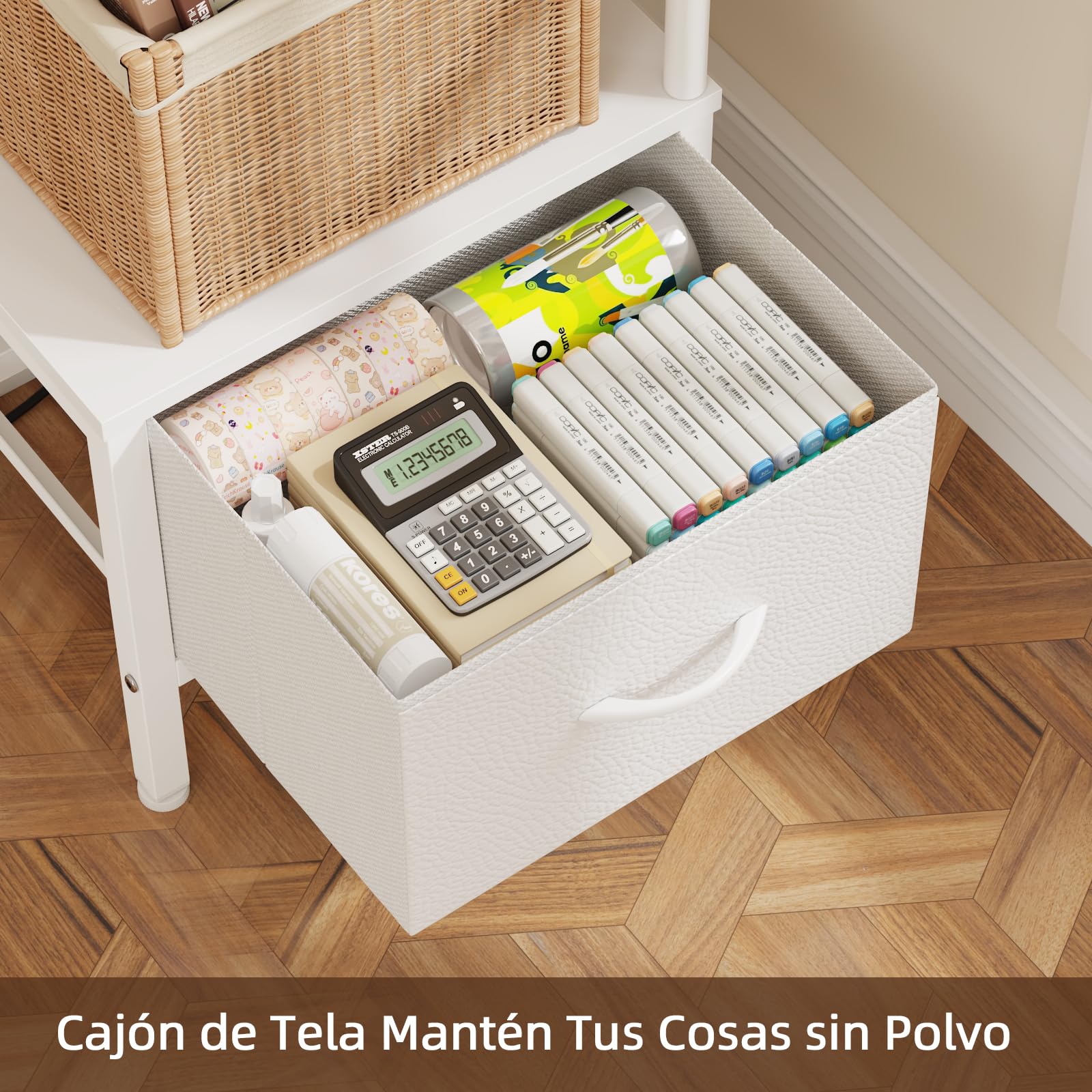 Librería de Esquina con Cajón y Luz LED, Estantería Alta de 6 Baldas (191 cm), Estrecha para Salón o Dormitorio, Cajón de Tela, Blanco
