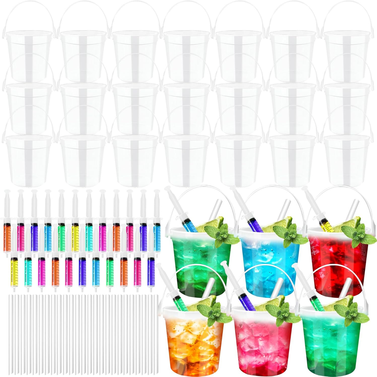 26 Set Clear Plastic Rum Buckets 32 oz Cocktail Buckets with Straws and Syringes Round Food Storage Containers for Summer Drinks Holiday Pool Party