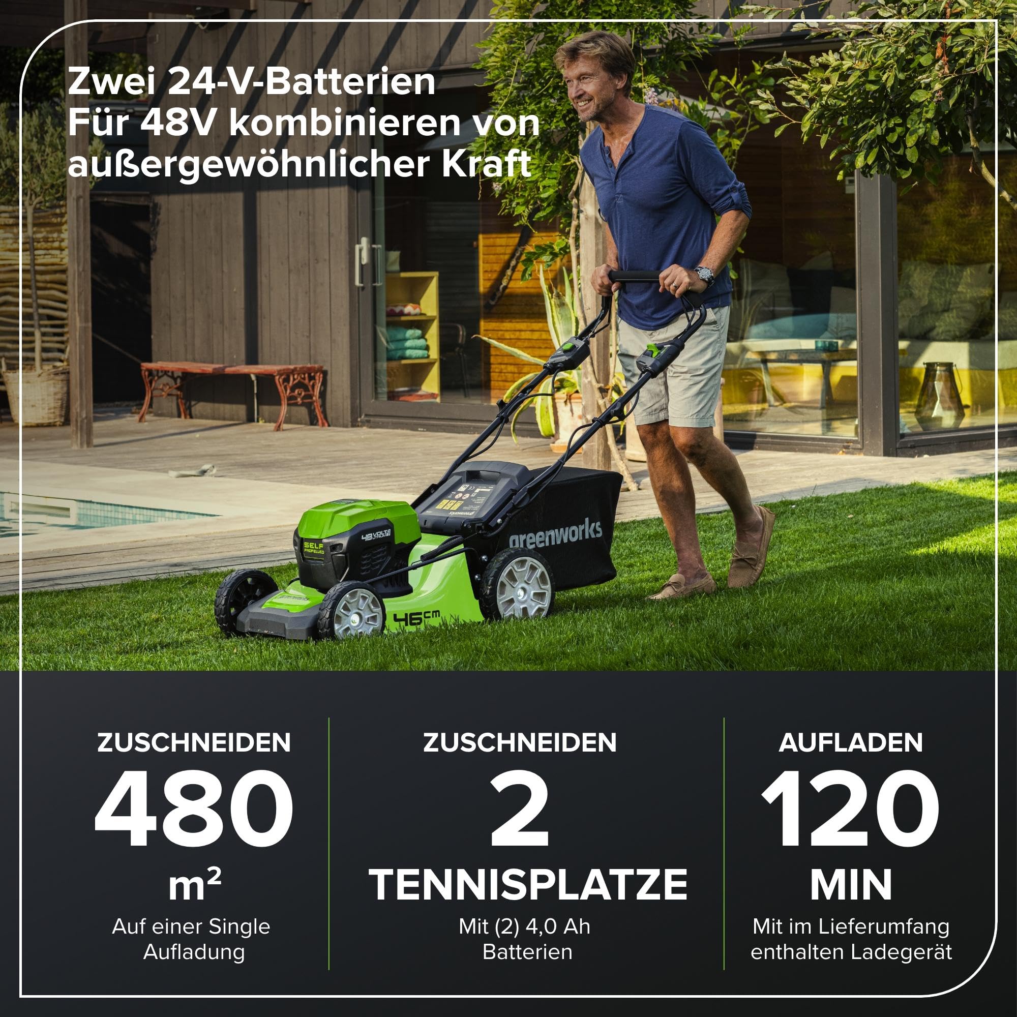 Greenworks Selbstfahrender Akku Rasenmäher 48V (24V x 2) bis zu 480m², 46cm Schnittbreite, 55L Sack Rasenmäher Elektro Plus Zwei 4Ah-Akkus und Doppelladegerät,3 Jahre Garantie,GD24X2LM46SPK4X