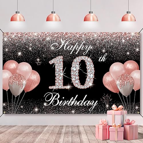 Decoraciones de cumpleaños número 10 para niñas, color oro rosa, pancarta de fondo de feliz cumpleaños de 10 años, cartel de fondo de feliz