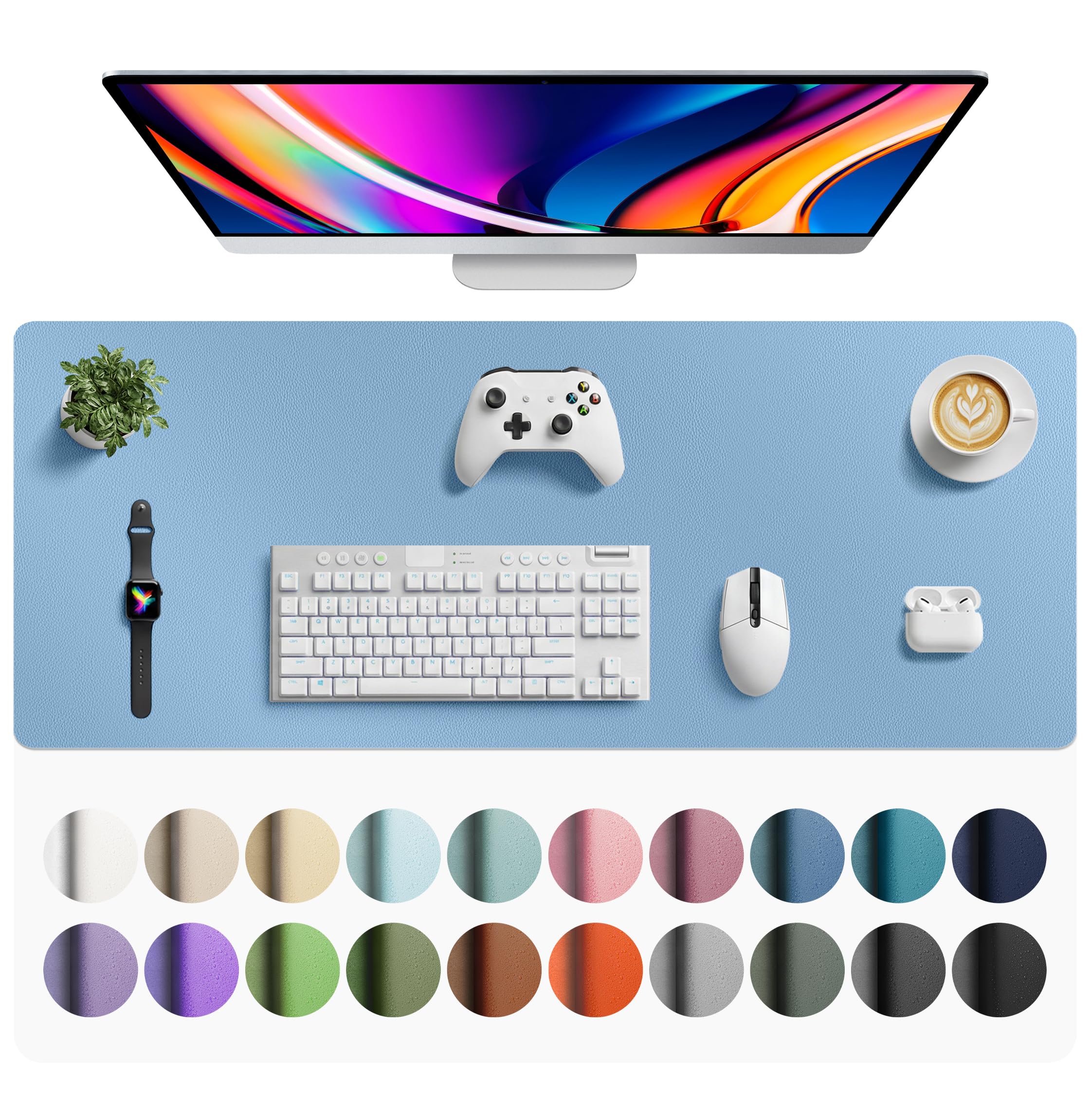 Aothia Faux Leather Desk Mat for Keyboard &amp; Mouse (Sky Blue, 42" x 17")