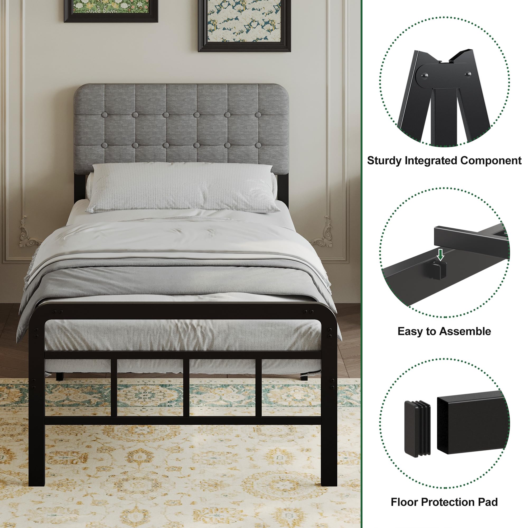 EMODA Struttura letto in metallo con testiera e pediera imbottite, struttural letto in matallo alta 36 cm, 90 x 190 cm con supporto a doghe in acciaio resistente, silenziosa, facile da montare