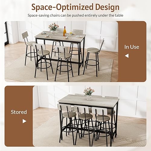 Miniatura 6 de Rovibek Juego de mesa de comedor de 6 piezas, mesa de bar moderna y sillas para 6 mesas y sillas altas, mesas de bar de altura industrial para