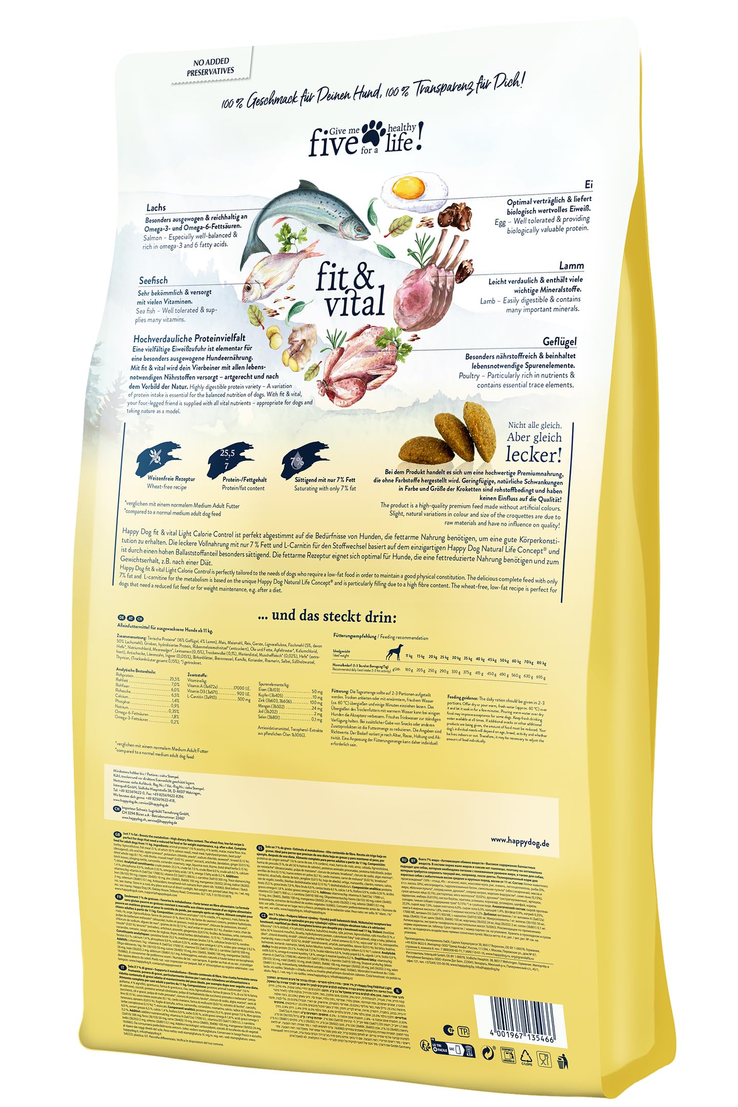 Happy Dog fit & vital Light Trockenfutter Hund 12 kg + 1 kg GRATIS | Aktionspaket fettarm, 7 % Fett, L-Carnitin, hoher Ballaststoffanteil, Hunde ab 11 kg, weizenfrei, Made in Germany
