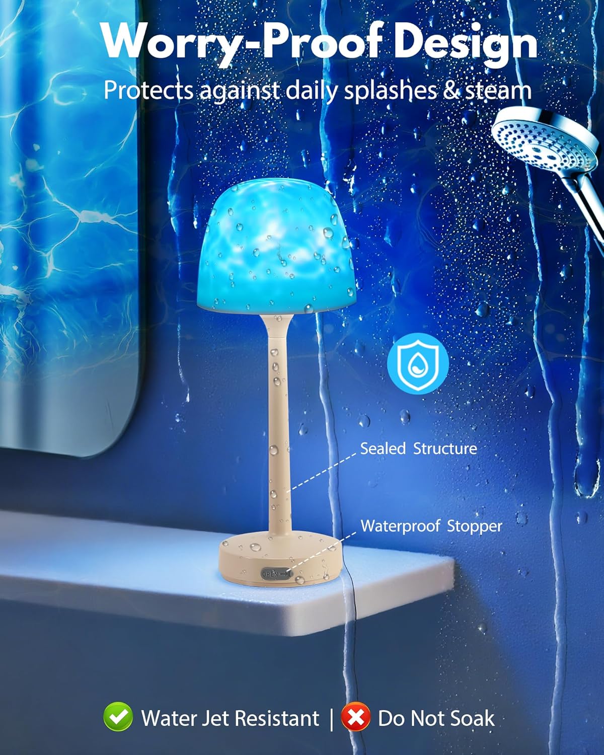 Shower Lamp - Waterproof Bathroom Lamp with 16 Color Ocean Wave Projector, Rechargeable Shower Light with Touch & Remote Control, Cordless Light for Inside Shower/Bathtub
