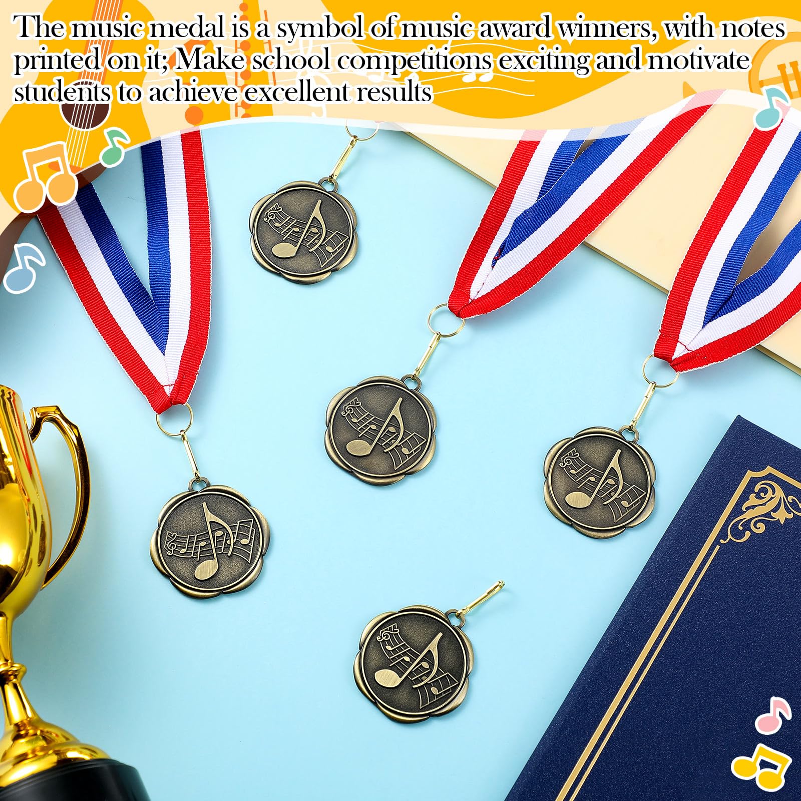 Quelay 100 medallas musicales a granel de oro con cintas para el cuello, trofeo de premio de metal para torneos de canto, competiciones musicales, regalo para niños o adultos