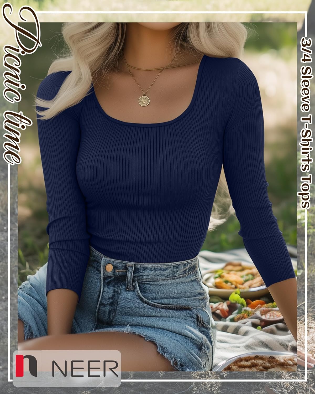 Neer 3 Pack 3/4 Sleeve Tops for Women, Cotton Scoop Neck Ribbed Three Quarter Sleeve Summer Slim T-Shirts Casual Basic Tees - Image 5