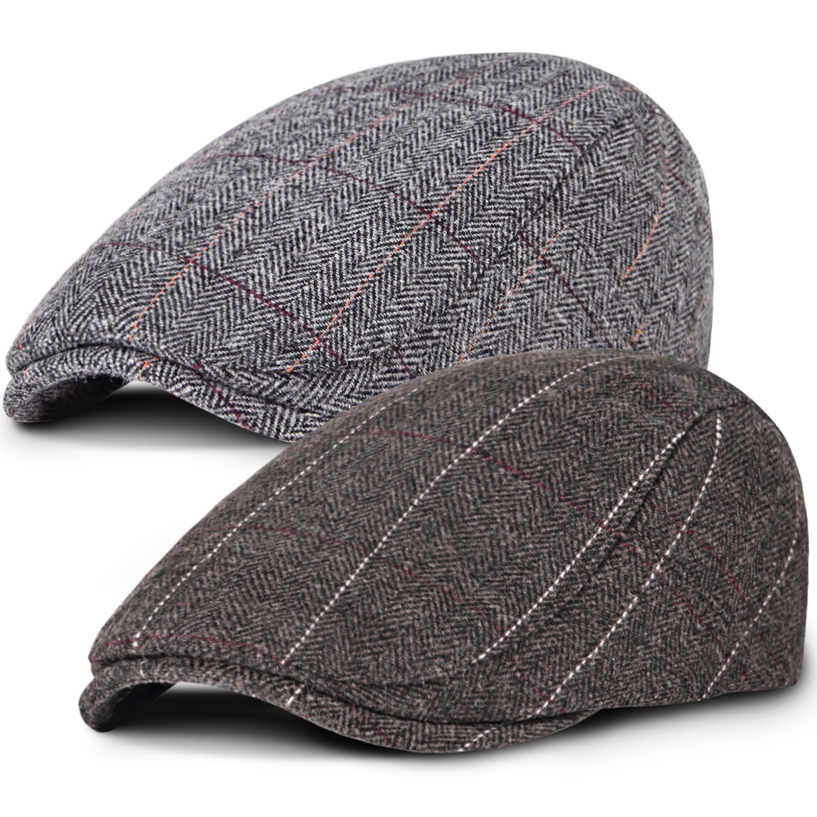 2 Pack Newsboy Cap for Men Adjustable Herringbone Tweed Wool Hats Blend Flat Cap Ivy Cabbie Driving Hat