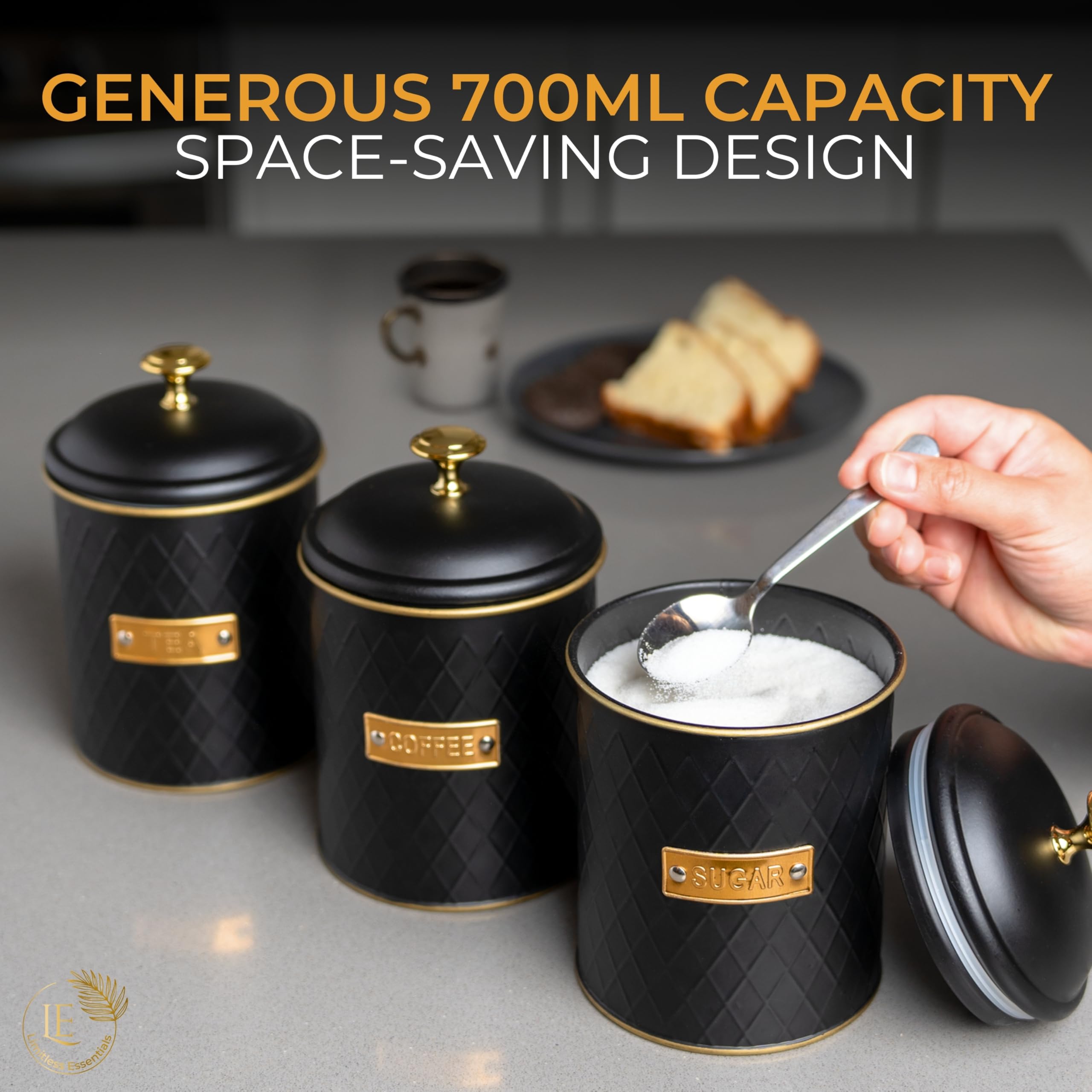 Limitless Essentials Tea Coffee Sugar Canisters, Airtight Metal Jars with 1kg Sugar Capacity, Coffee Tea Sugar Set of 3 - Image 3