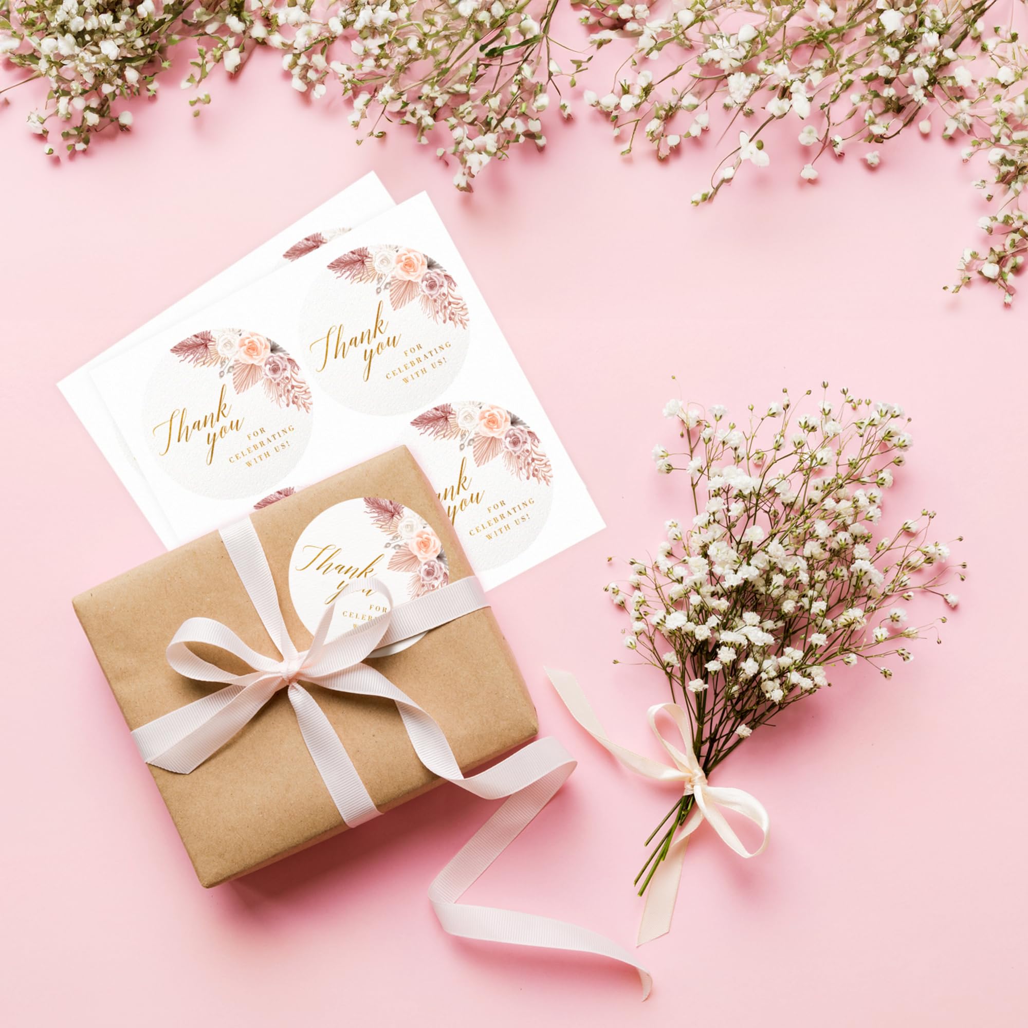 60pcs Pink Floral Thank You Stickers - 2" Gold Foil Wedding Labels | Waterproof Favor Tags For Parties
