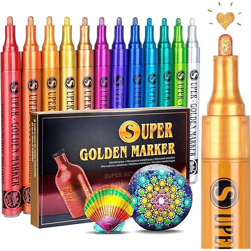 Super Golden Metallic Paint Markers, 12 Colors Sparkle Metallic Glitter Markers, Acrylic Paint Pens for Rock Painting, Glass, Wood, Fabric, Black Paper, Cards, Scrapbook, DIY Art Crafts (2-3mm)