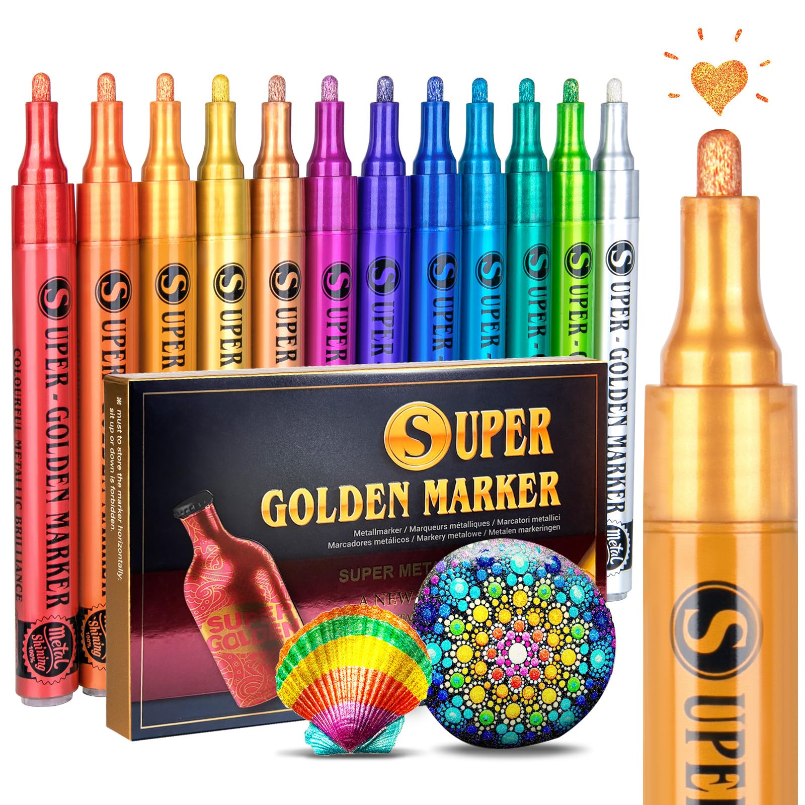Super Golden Metallic Paint Markers, 12 Colors Sparkle Metallic Glitter Markers, Acrylic Paint Pens for Rock Painting, Glass, Wood, Fabric, Black Paper, Cards, Scrapbook, DIY Art Crafts (2-3mm)