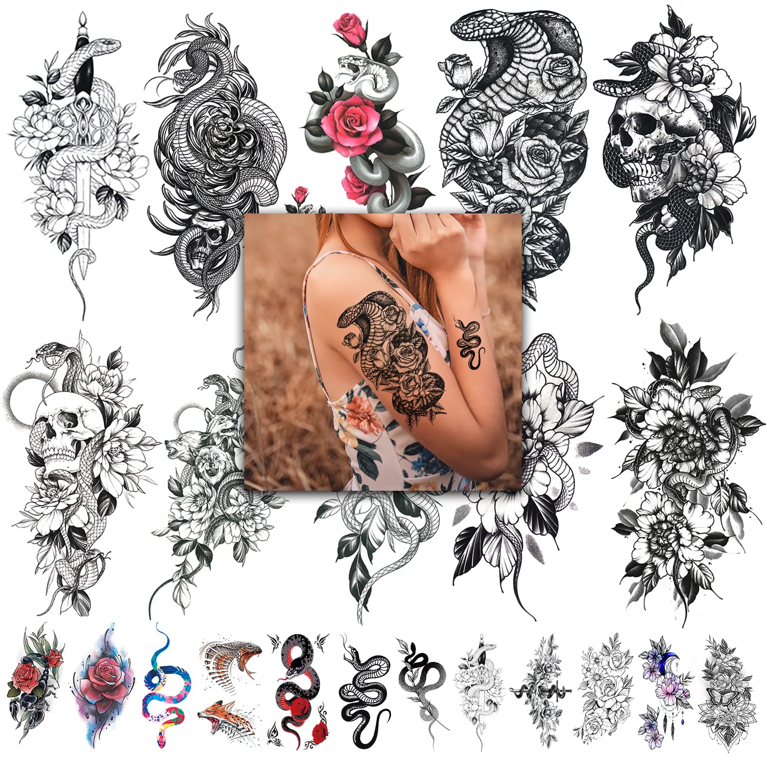 Amazon.com : 22 Sheets Large Snake Flower Temporary Tattoos for Women Men  Realistic Tattoo Stickers for Adults 3D Fake Temp Tatoos : Beauty &  Personal Care