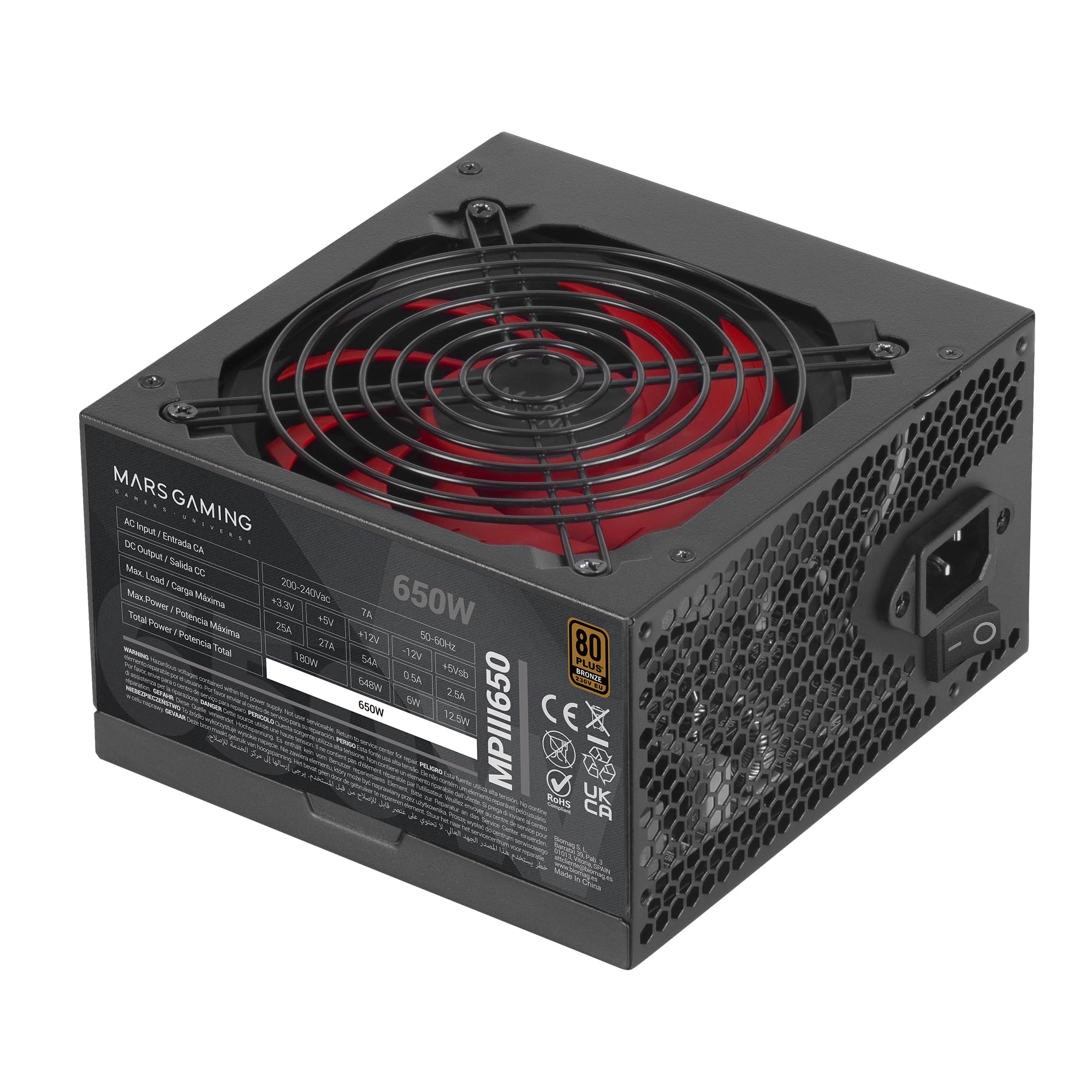 Mars Gaming MPIII650 Alimentation ATX 650W, 80 Plus Bronze, Noir | Garantie 5 Ans, Certification 80Plus Bronze, Efficacité 86 %, APFC, Ventilateur FDB 120mm AI-RPM, DC-DC et SMD