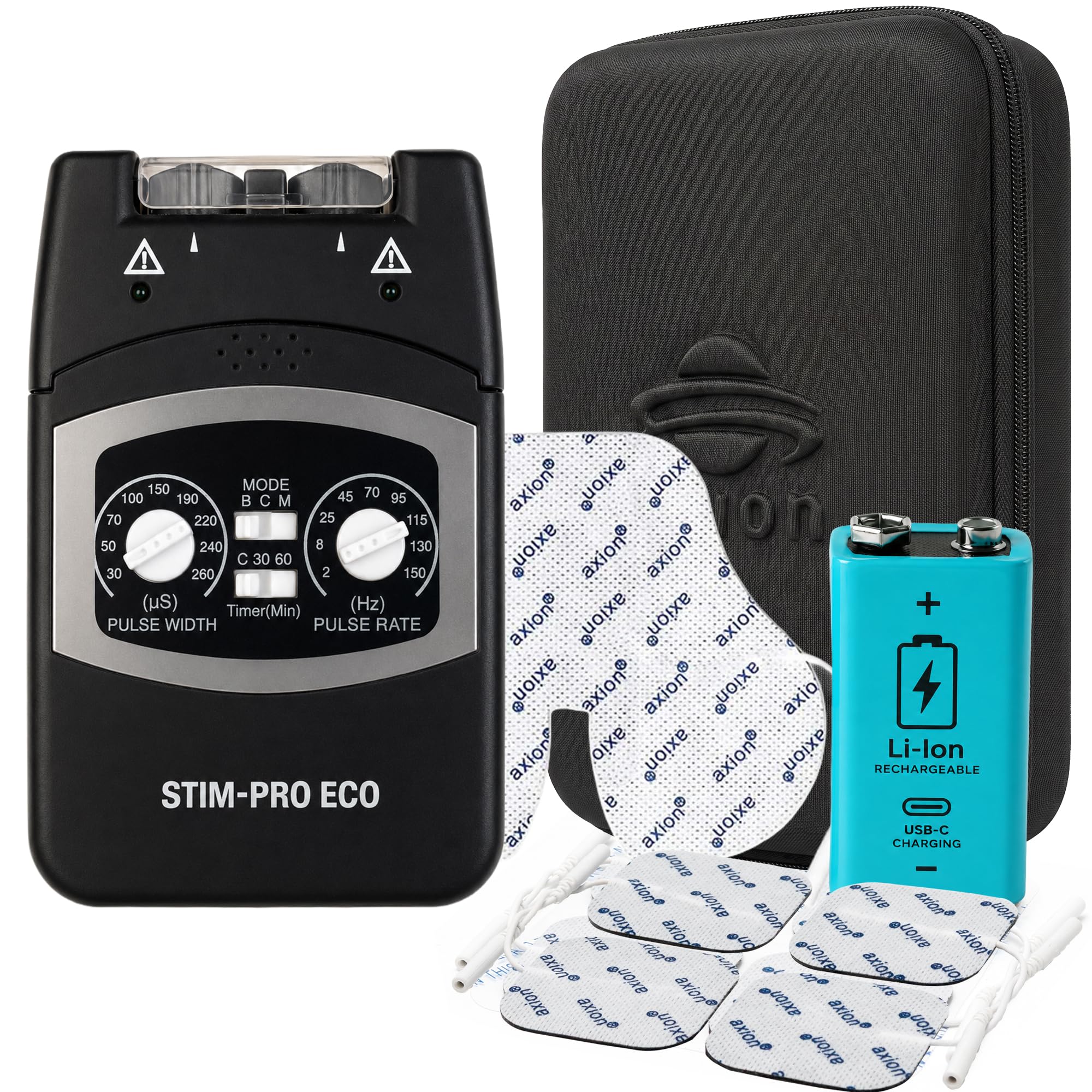 Électrostimulateur TENS manuel à 2 canaux STIM-PRO ECO axion® pour le traitement de la douleur avec 4 électrodes 5x5 cm et 1 électrode cervicale | Paramètres réglables | Batterie rechargeable 9V