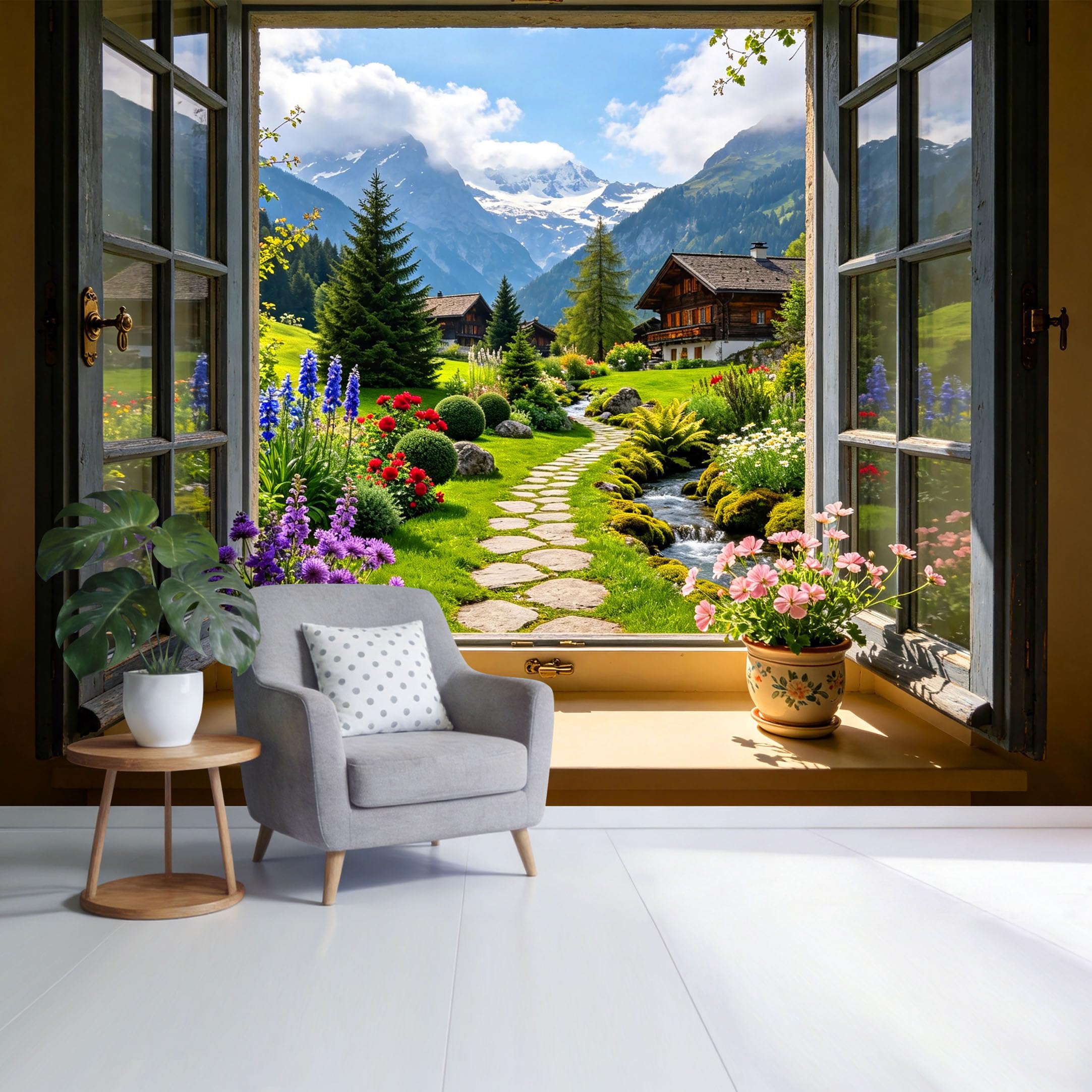 Custom Size Wall Mural Alpine Mountain View Meadow Stream 3D Trompe L'Oeil Removable Self Adhesive Fabric Home Wall Decor for Living Room Bedroom Bathroom