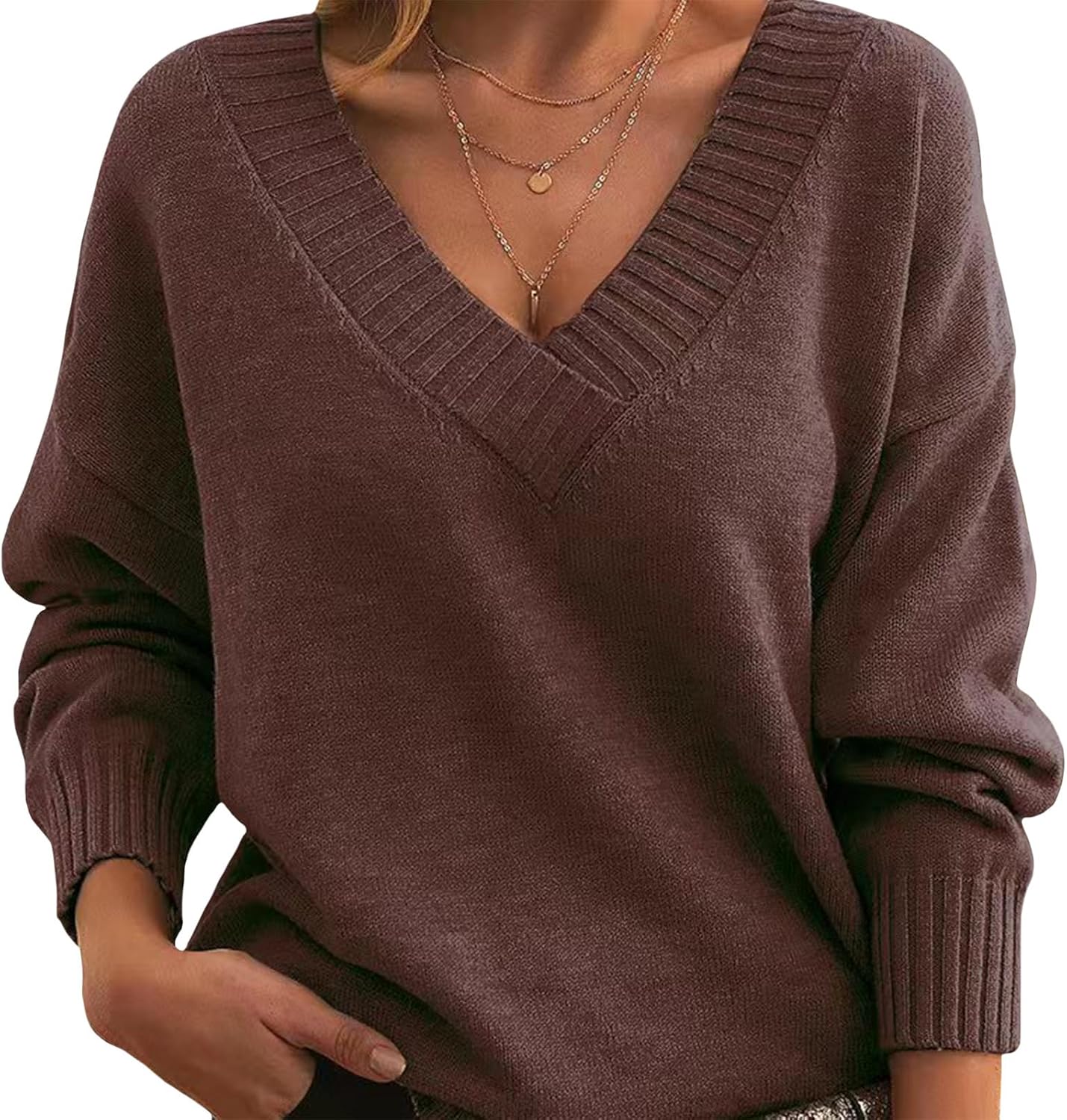 Womens Fall Sweaters Solid Lightweight Ribbed Knit Jumper Loose Fit Sexy V Neck Long Sleeve Pullover Sweatshirt Tops