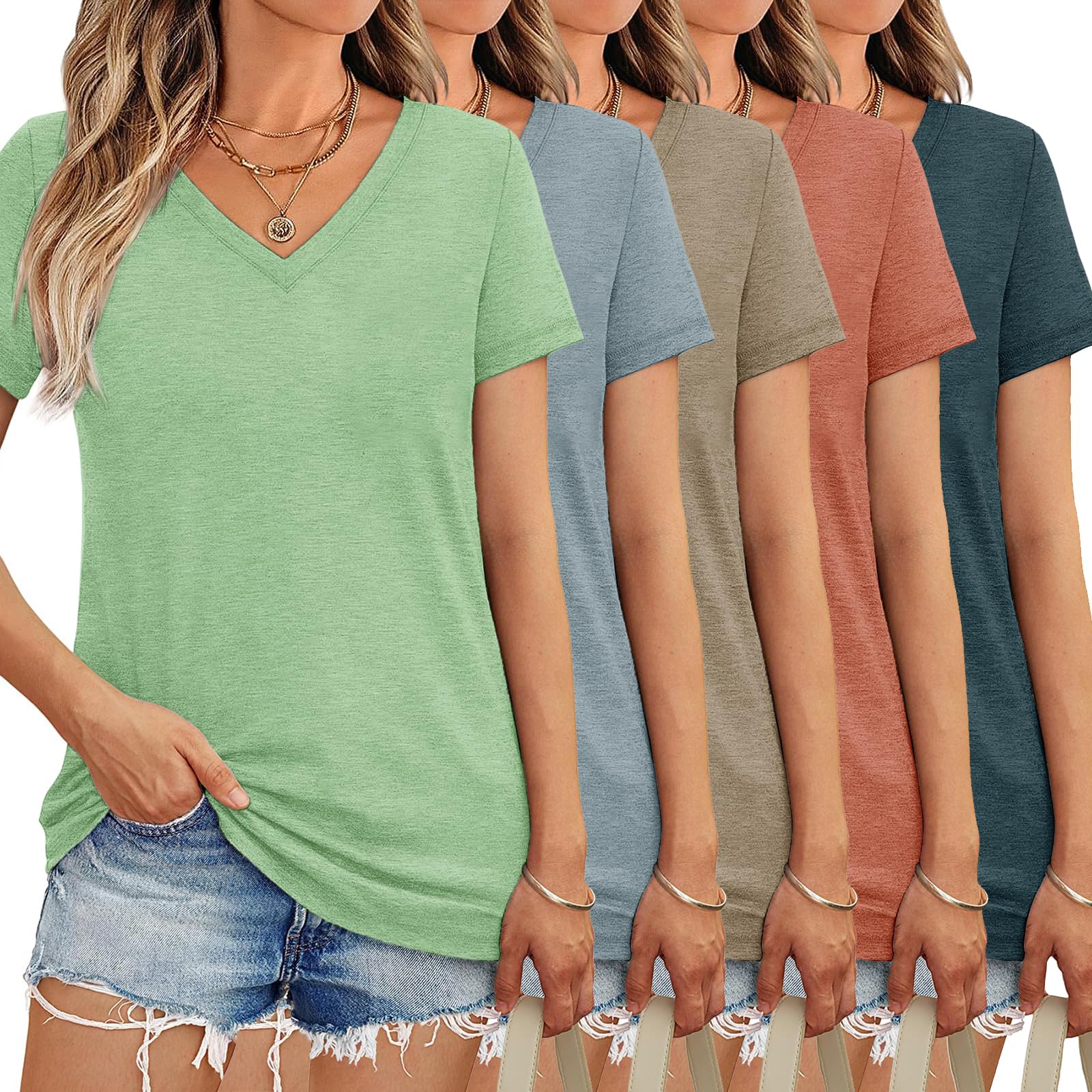 Camiseta de manga corta con cuello en V para mujer, color liso, casual, ajuste cómodo, suave, elástica, para uso diario, 1/3 piezas