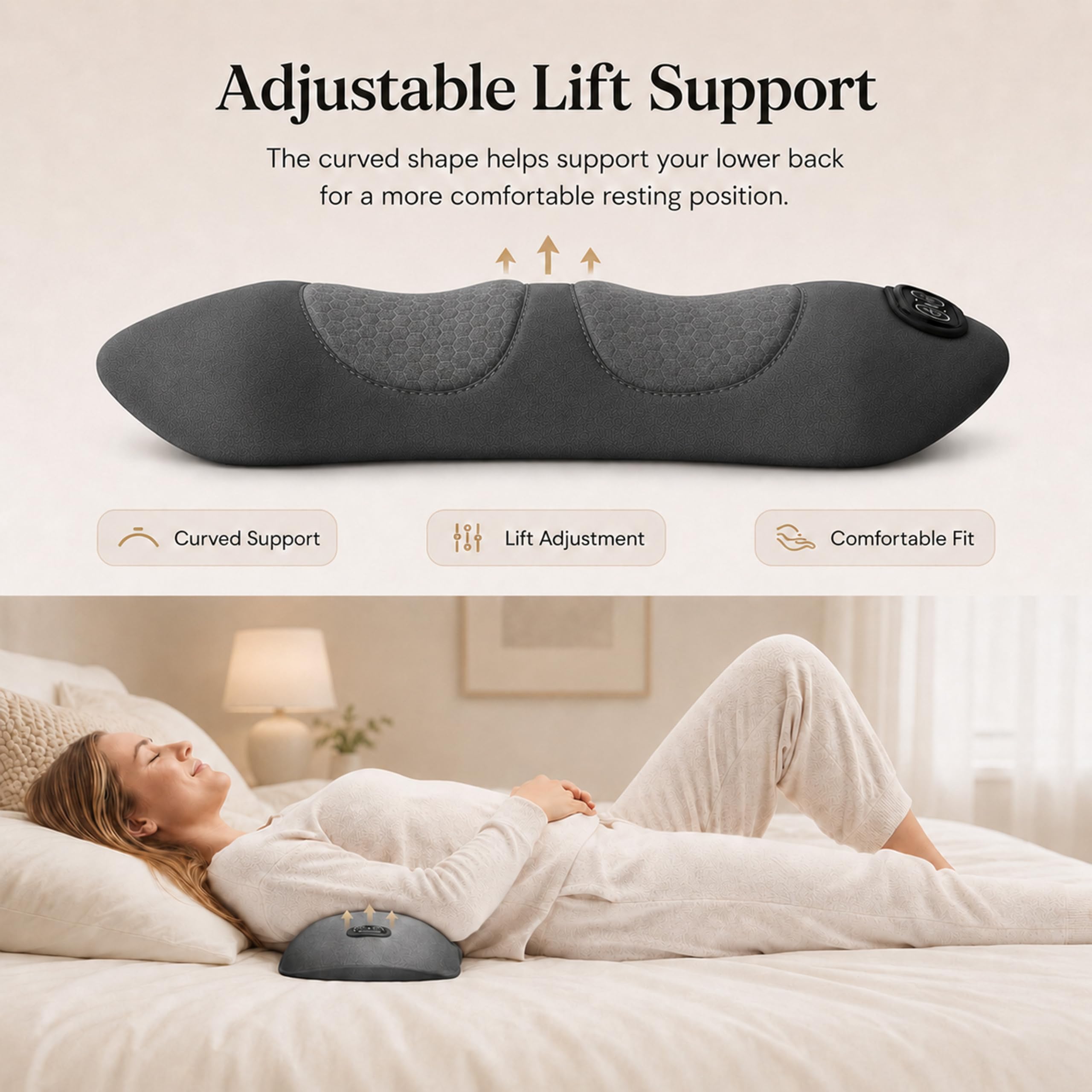Cuscino massaggiatore elettrico 3 in 1 per schiena, ergonomico, con supporto lombare regolabile e calore delicato, comodo cuscinetto alimentato tramite USB, per letto, sedia e scrivania