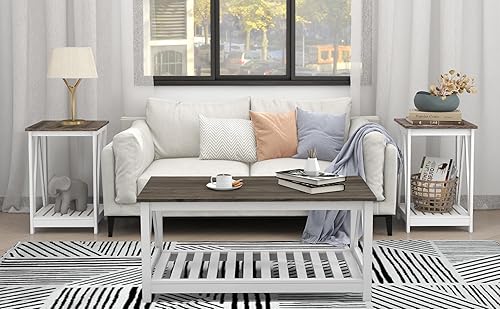 Miniatura 8 de Juego de mesa auxiliar y mesa auxiliar de granja para sala de estar, juego de mesa de madera de 2 niveles con base de listones, roble oscuro